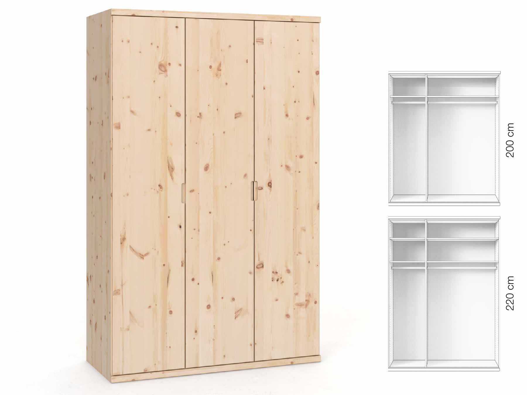 Zirbenschrank „Romana“, 3-türig, Höhe 220 cm, Griffausführung „Lukas“, Inneneinrichtung: A