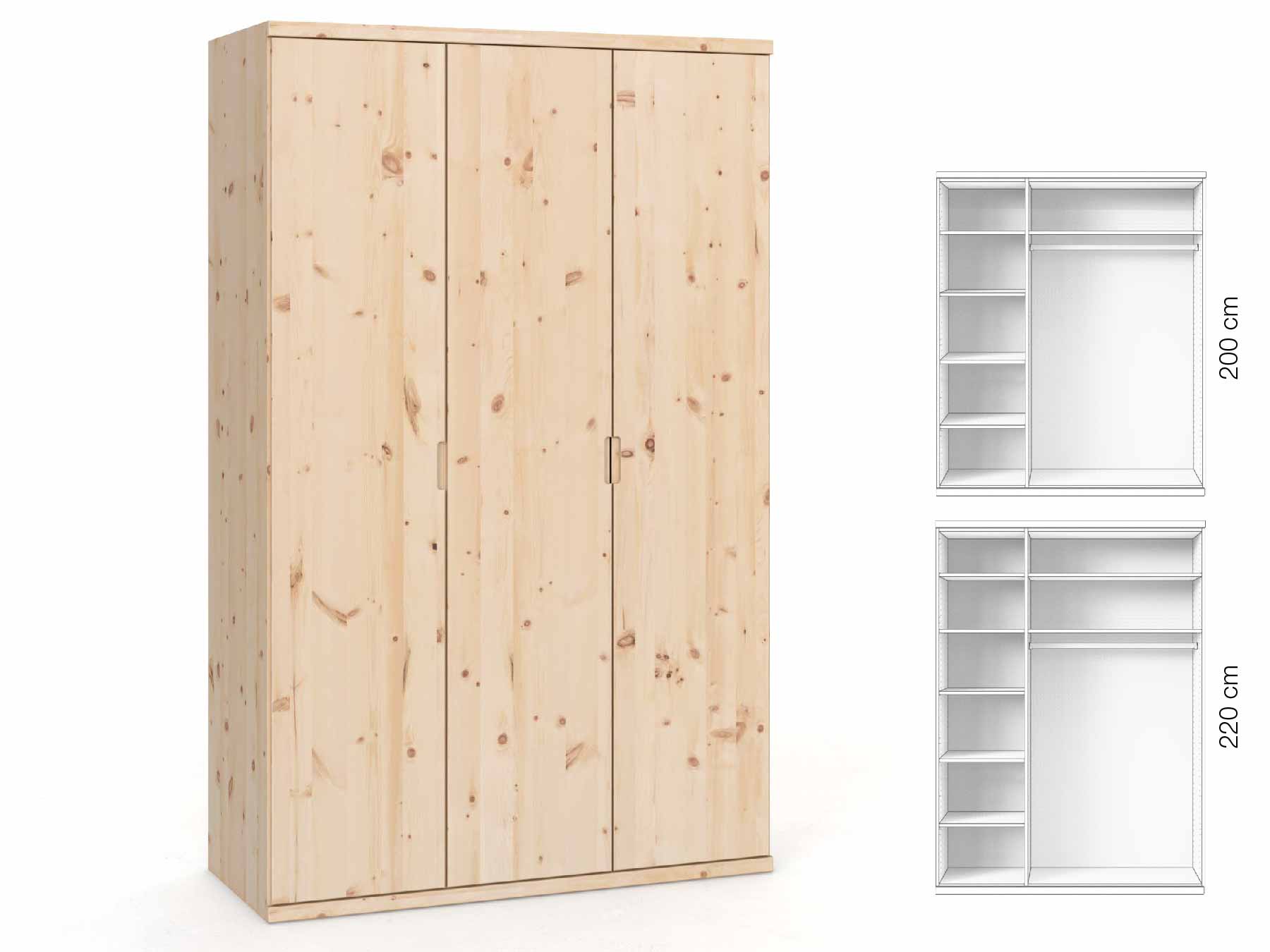Zirbenschrank „Romana“, 3-türig, Höhe 220 cm, Griffausführung „Lukas“, Inneneinrichtung: B