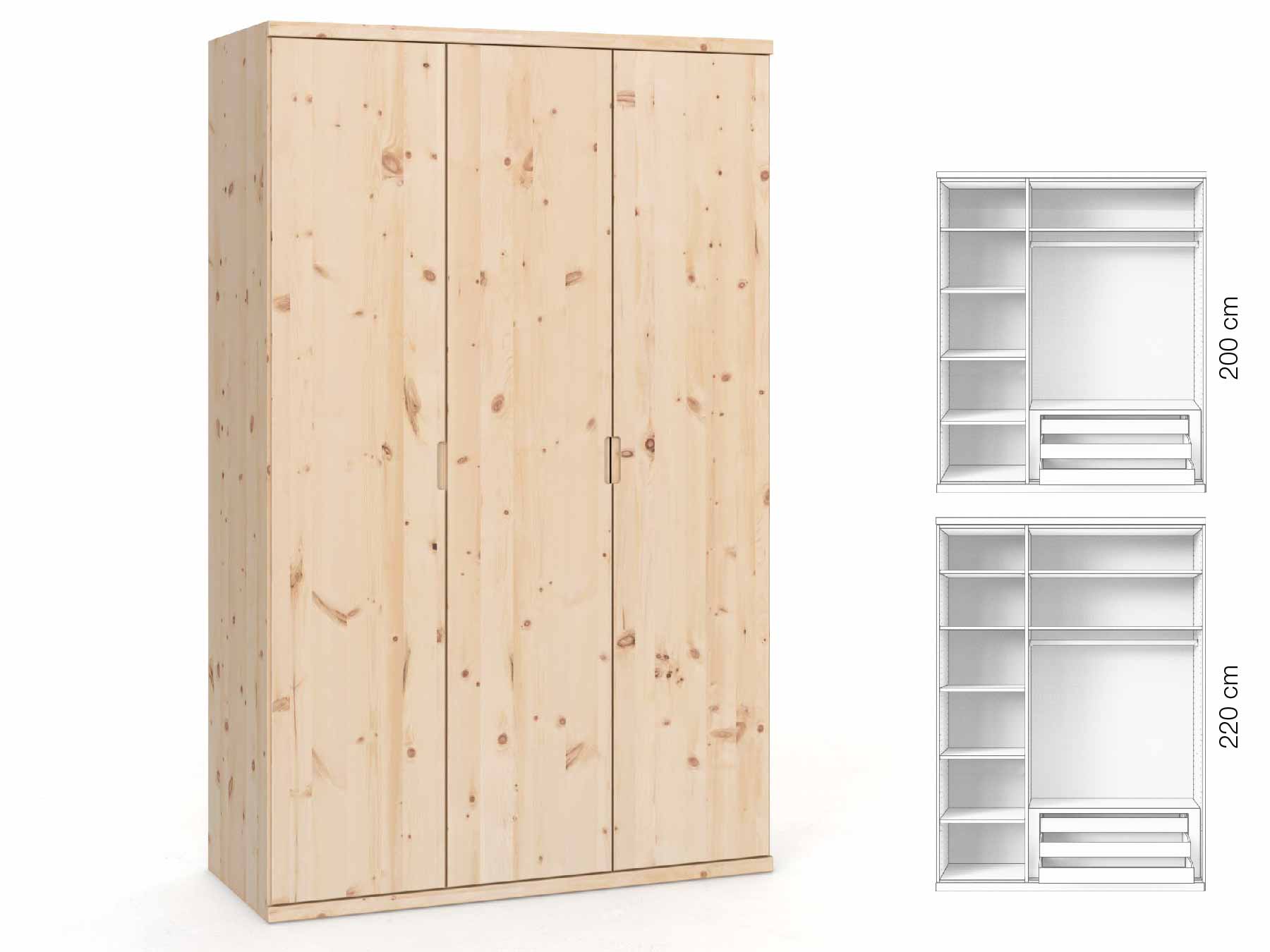 Zirbenschrank „Romana“, 3-türig, Höhe 220 cm, Griffausführung „Lukas“, Inneneinrichtung: C