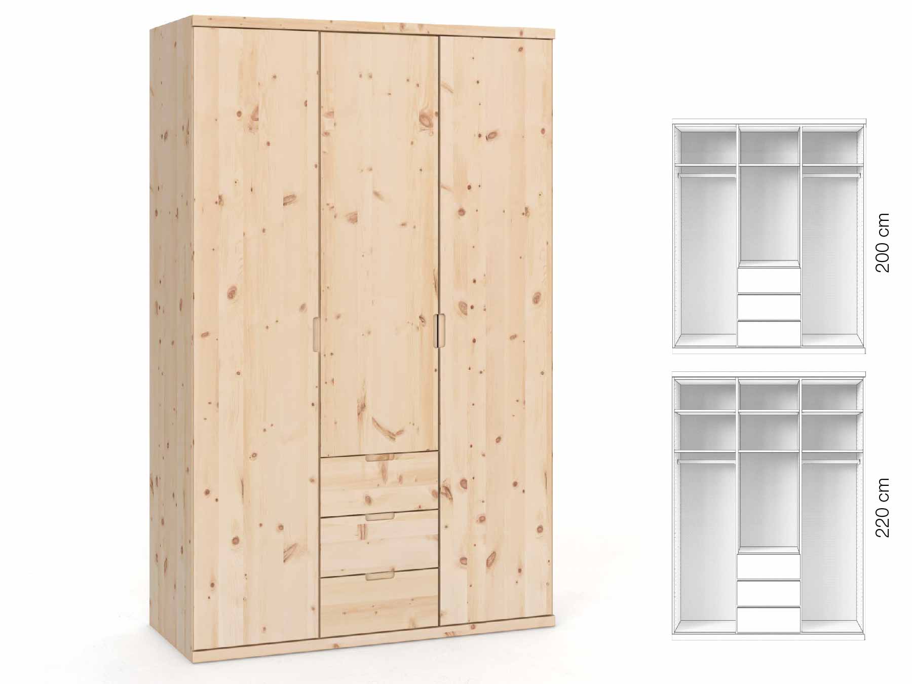 Zirbenschrank „Romana“, 3-türig, Höhe 220 cm, Griffausführung „Lukas“, Inneneinrichtung: E