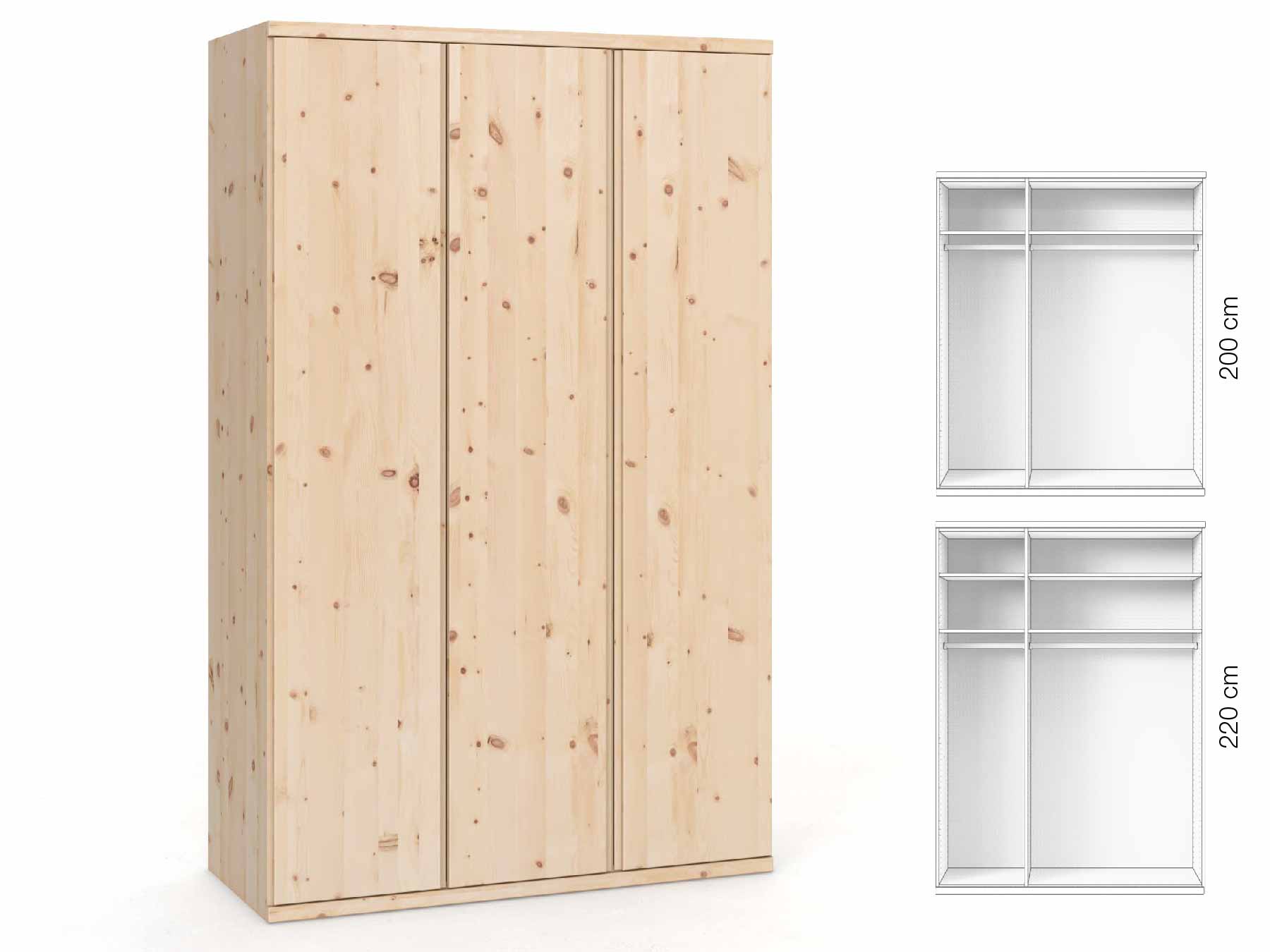 Zirbenschrank „Romana“, 3-türig, Höhe 220 cm, Griffausführung „Patrizia“, Inneneinrichtung: A