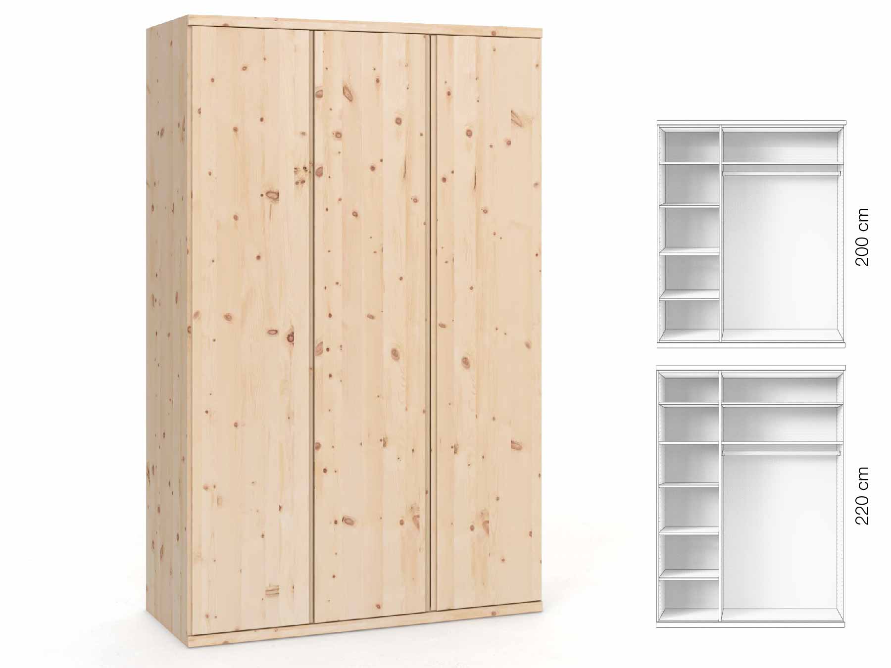 Zirbenschrank „Romana“, 3-türig, Höhe 220 cm, Griffausführung „Patrizia“, Inneneinrichtung: B
