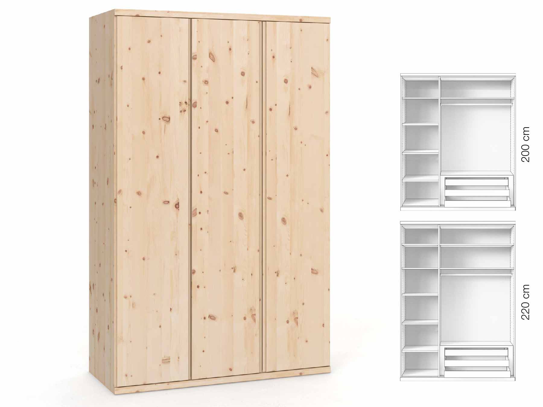 Zirbenschrank „Romana“, 3-türig, Höhe 220 cm, Griffausführung „Patrizia“, Inneneinrichtung: C