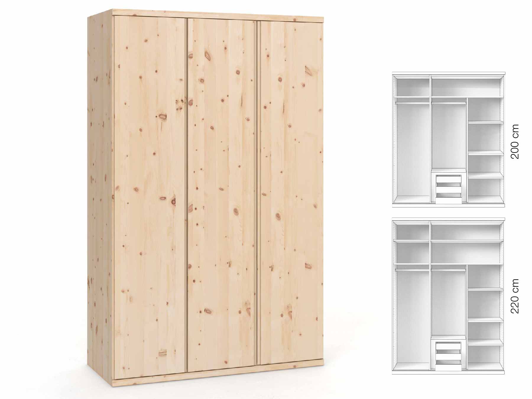 Zirbenschrank „Romana“, 3-türig, Höhe 220 cm, Griffausführung „Patrizia“, Inneneinrichtung: D