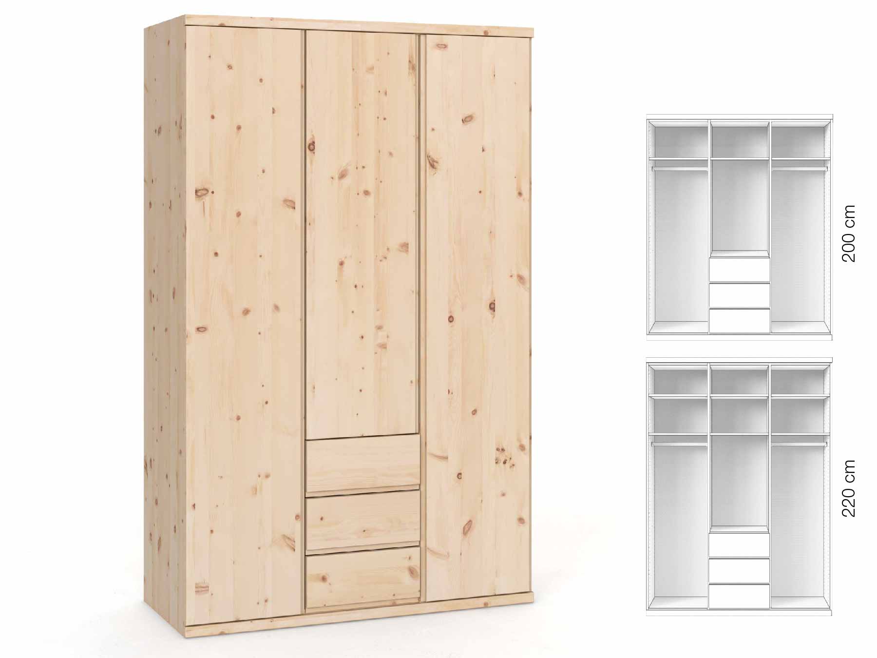 Zirbenschrank „Romana“, 3-türig, Höhe 220 cm, Griffausführung „Patrizia“, Inneneinrichtung: E