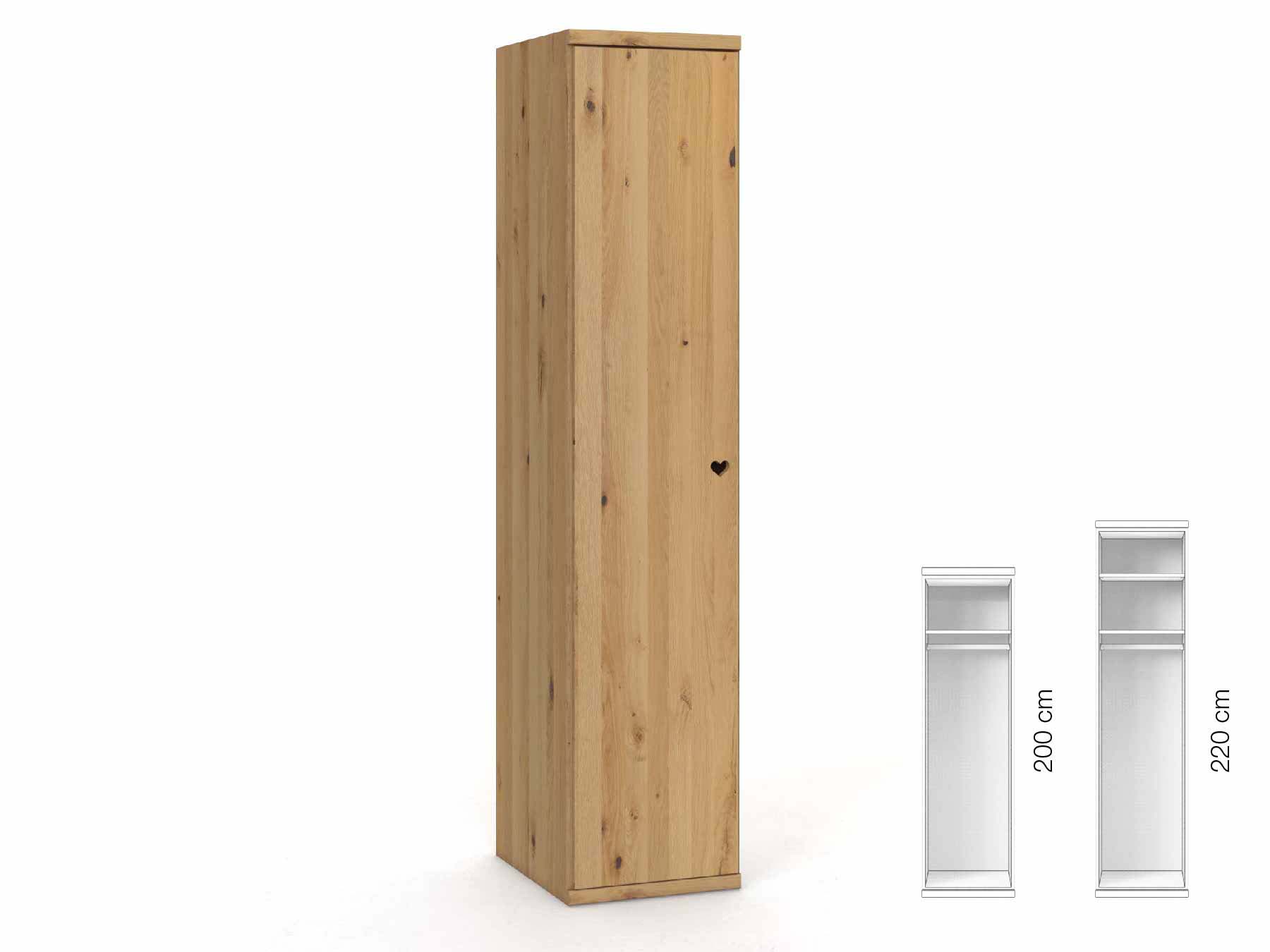 Wildeichenschrank Hell „Romana“, 1-türig, Höhe 220 cm, Griffausführung „Heidi“, Inneneinrichtung: A, Türanschlag links