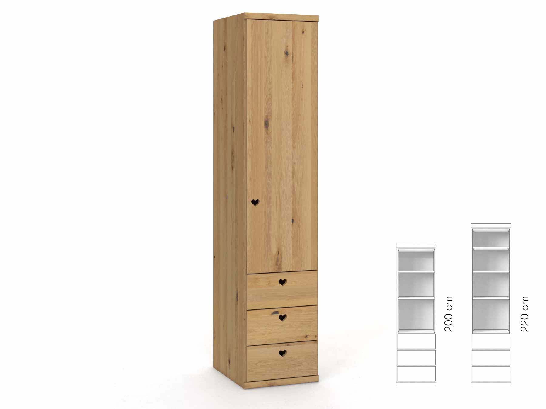 Wildeichenschrank Hell „Romana“, 1-türig, Höhe 220 cm, Griffausführung „Heidi“, Inneneinrichtung: D, Türanschlag rechts