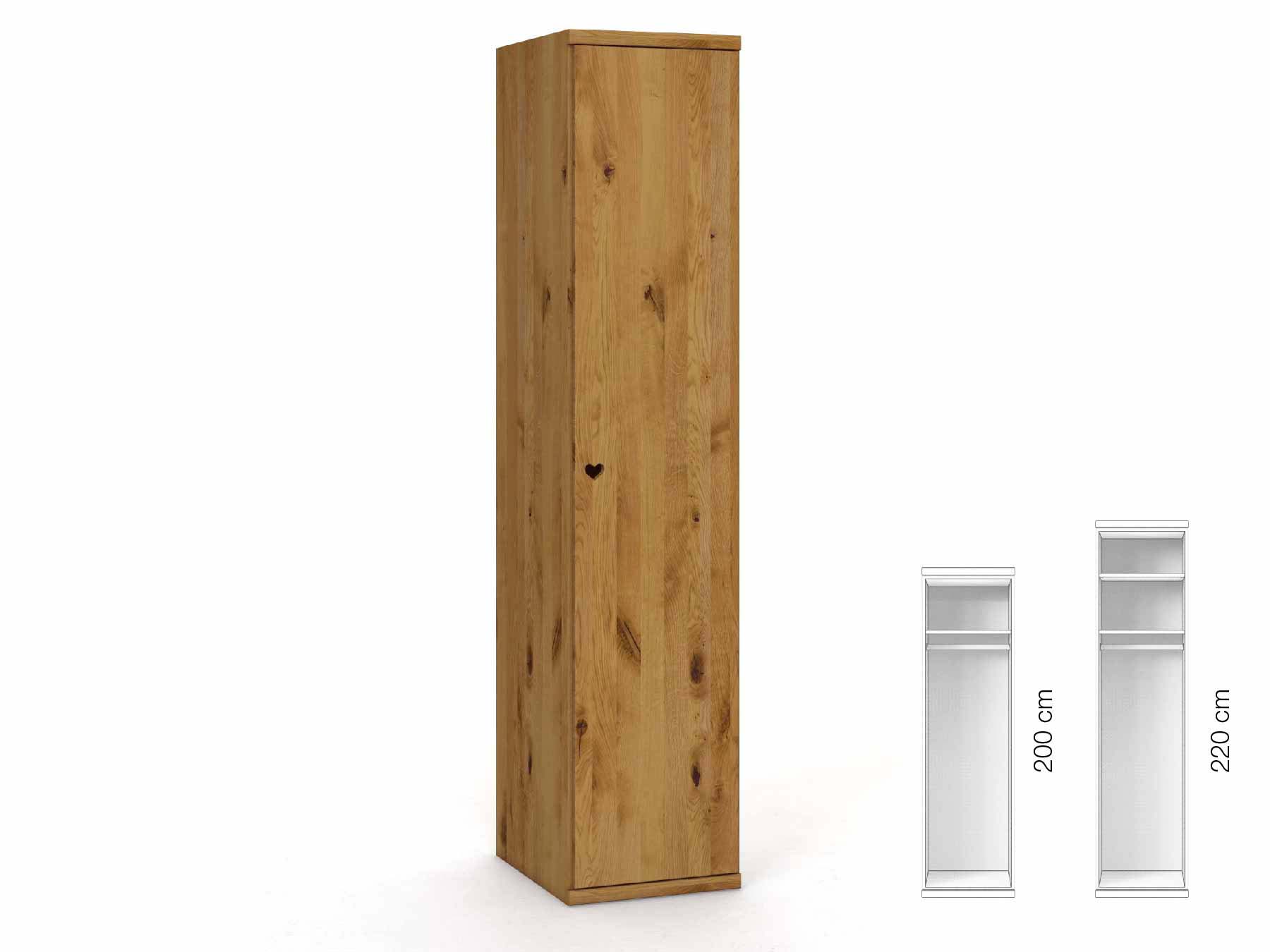 Wildeichenschrank „Romana“, 1-türig, Höhe 220 cm, Griffausführung „Heidi“, Inneneinrichtung: A, Türanschlag rechts