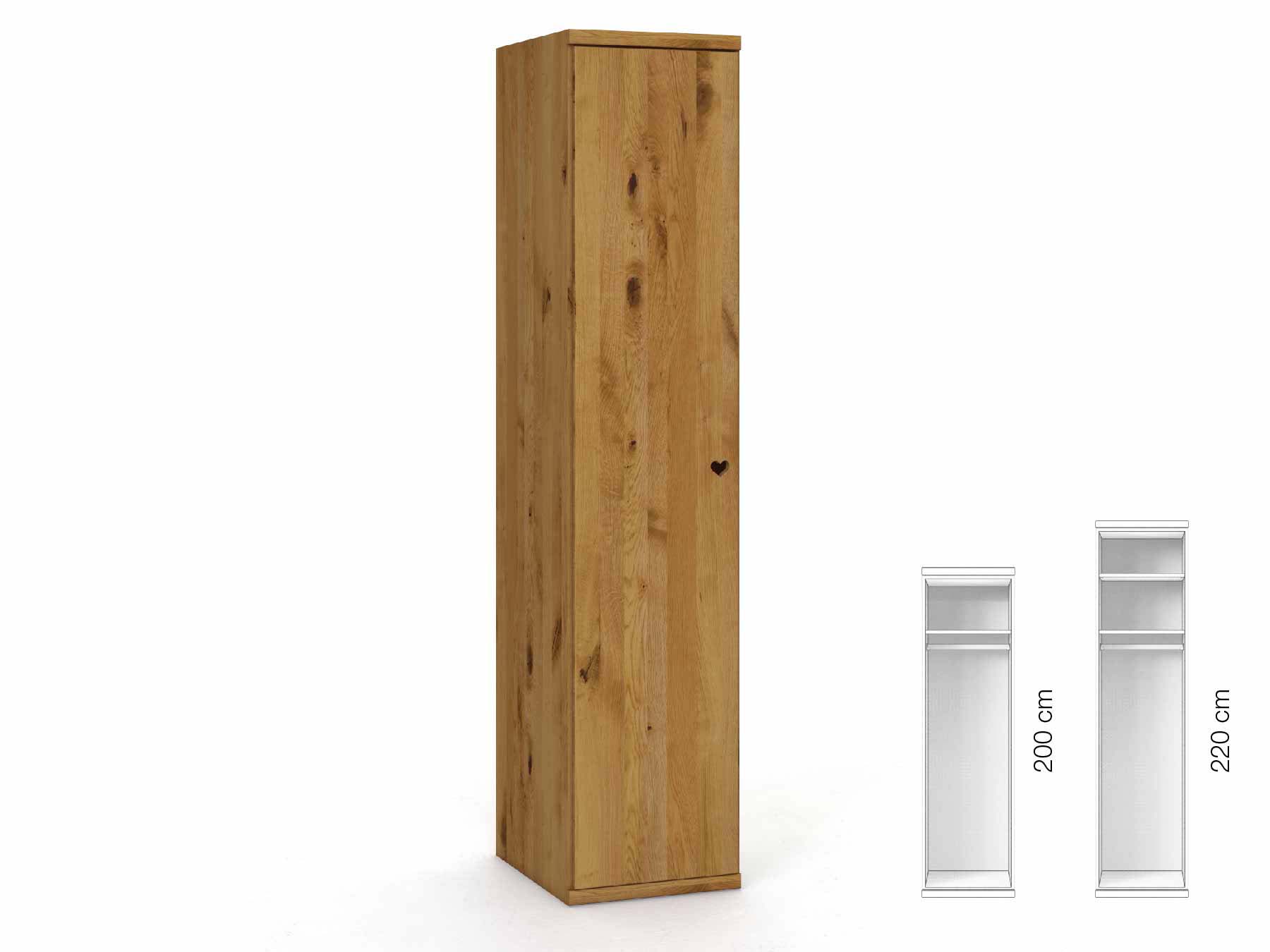 Wildeichenschrank „Romana“, 1-türig, Höhe 220 cm, Griffausführung „Heidi“, Inneneinrichtung: A, Türanschlag links