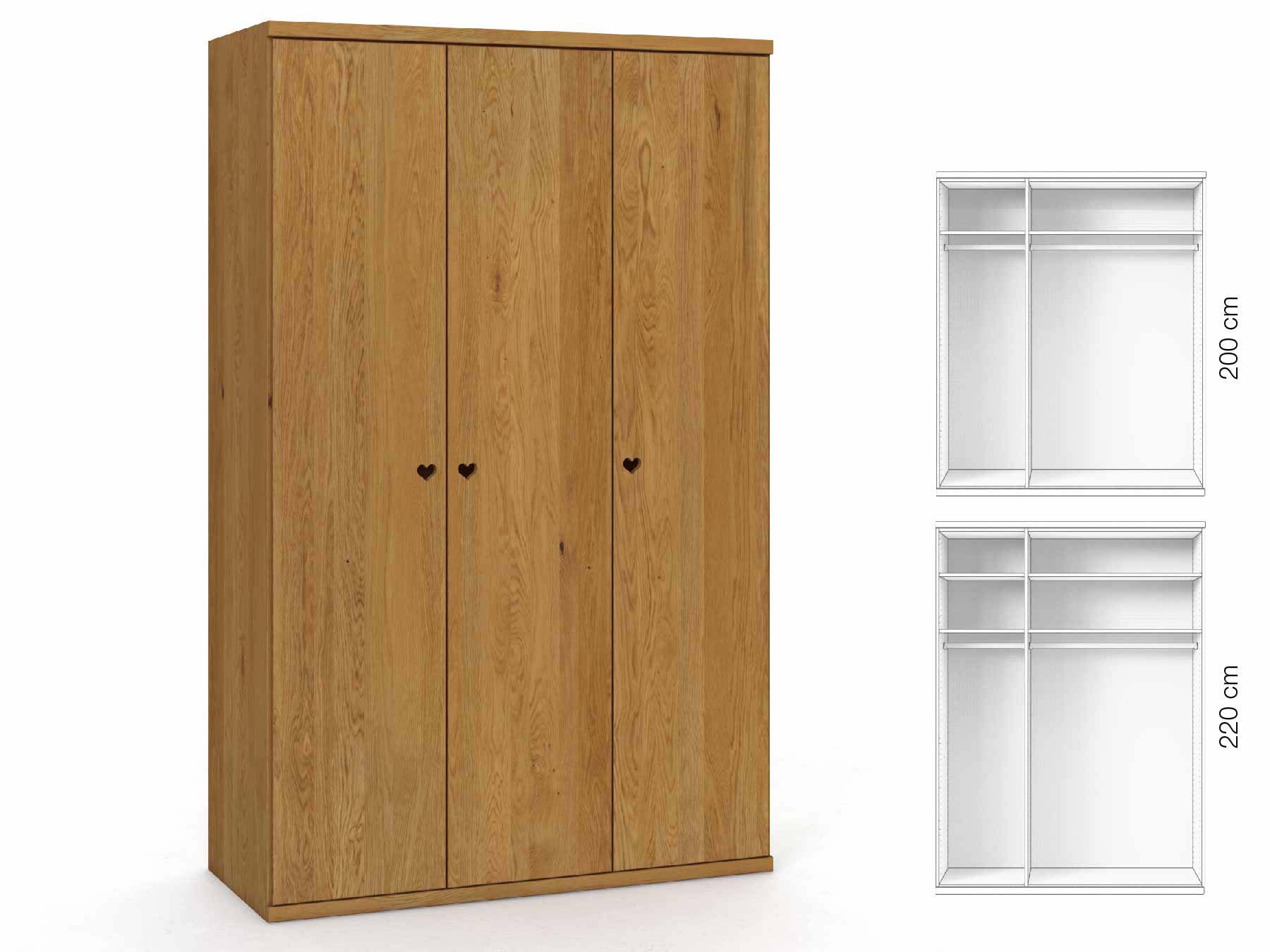 Eichenschrank „Romana“, 3-türig, Höhe 220 cm, Griffausführung „Heidi“, Inneneinrichtung: A