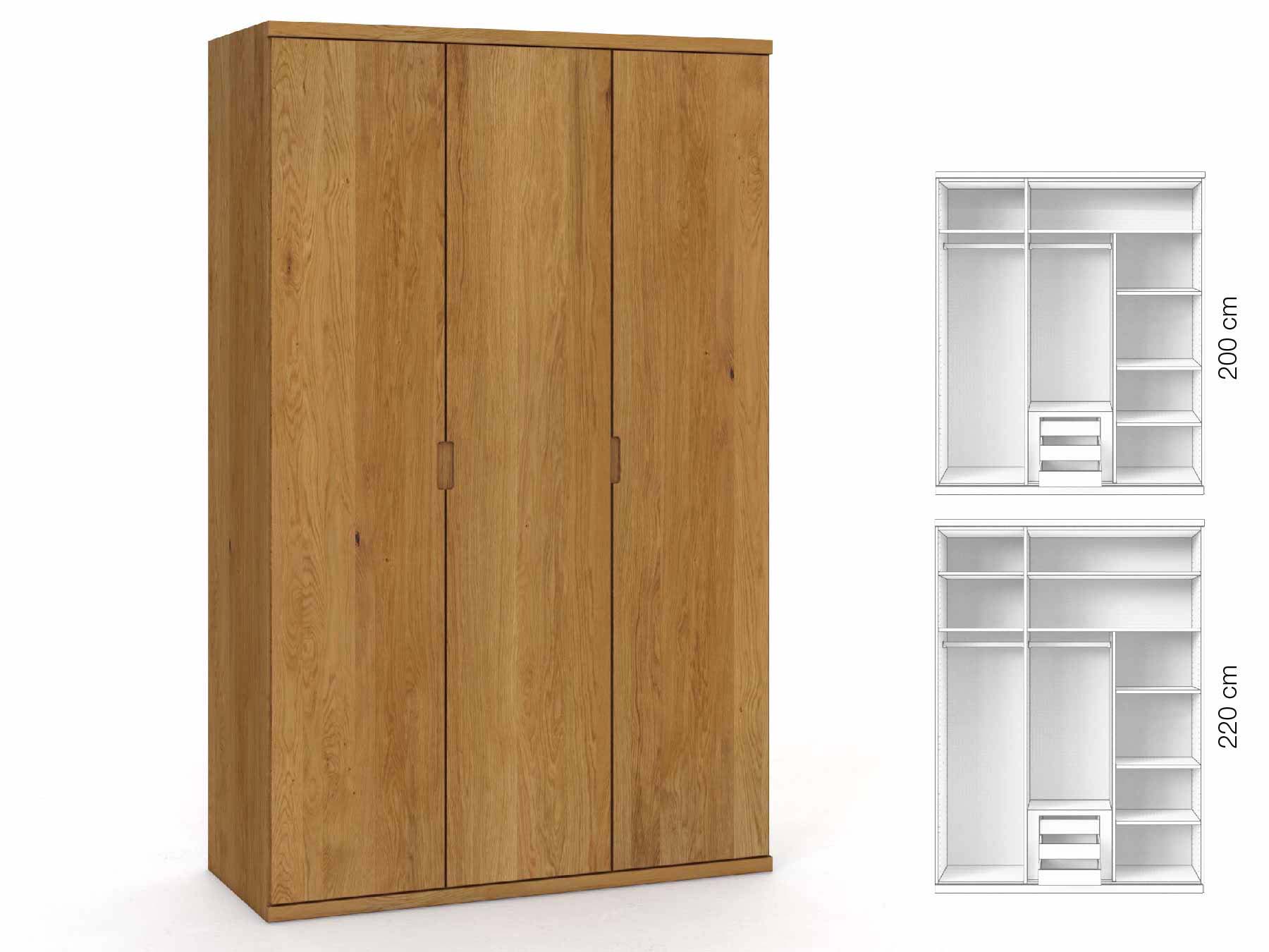 Eichenschrank „Romana“, 3-türig, Höhe 220 cm, Griffausführung „Lukas“, Inneneinrichtung: D