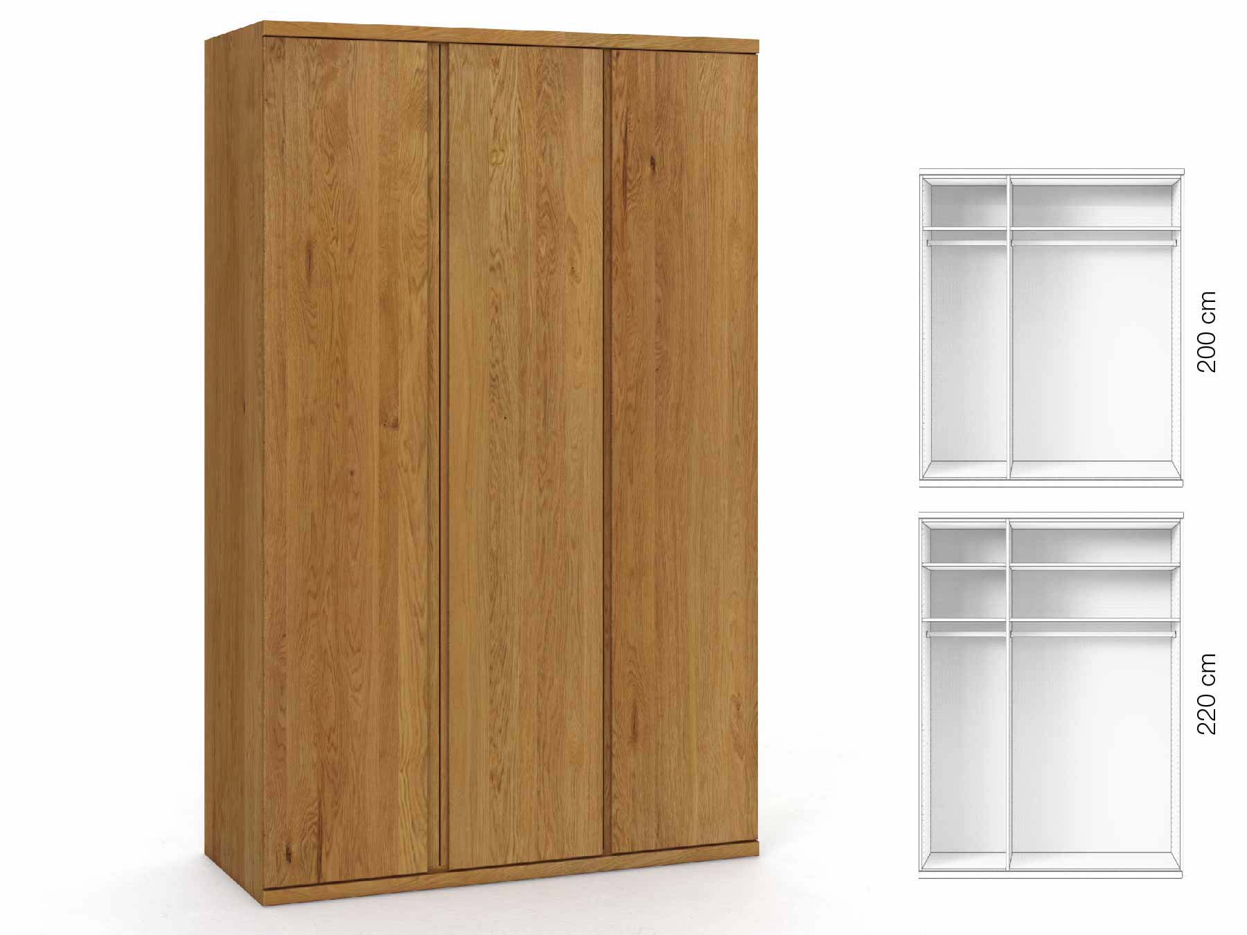 Eichenschrank „Romana“, 3-türig, Höhe 220 cm, Griffausführung „Patrizia“, Inneneinrichtung: A