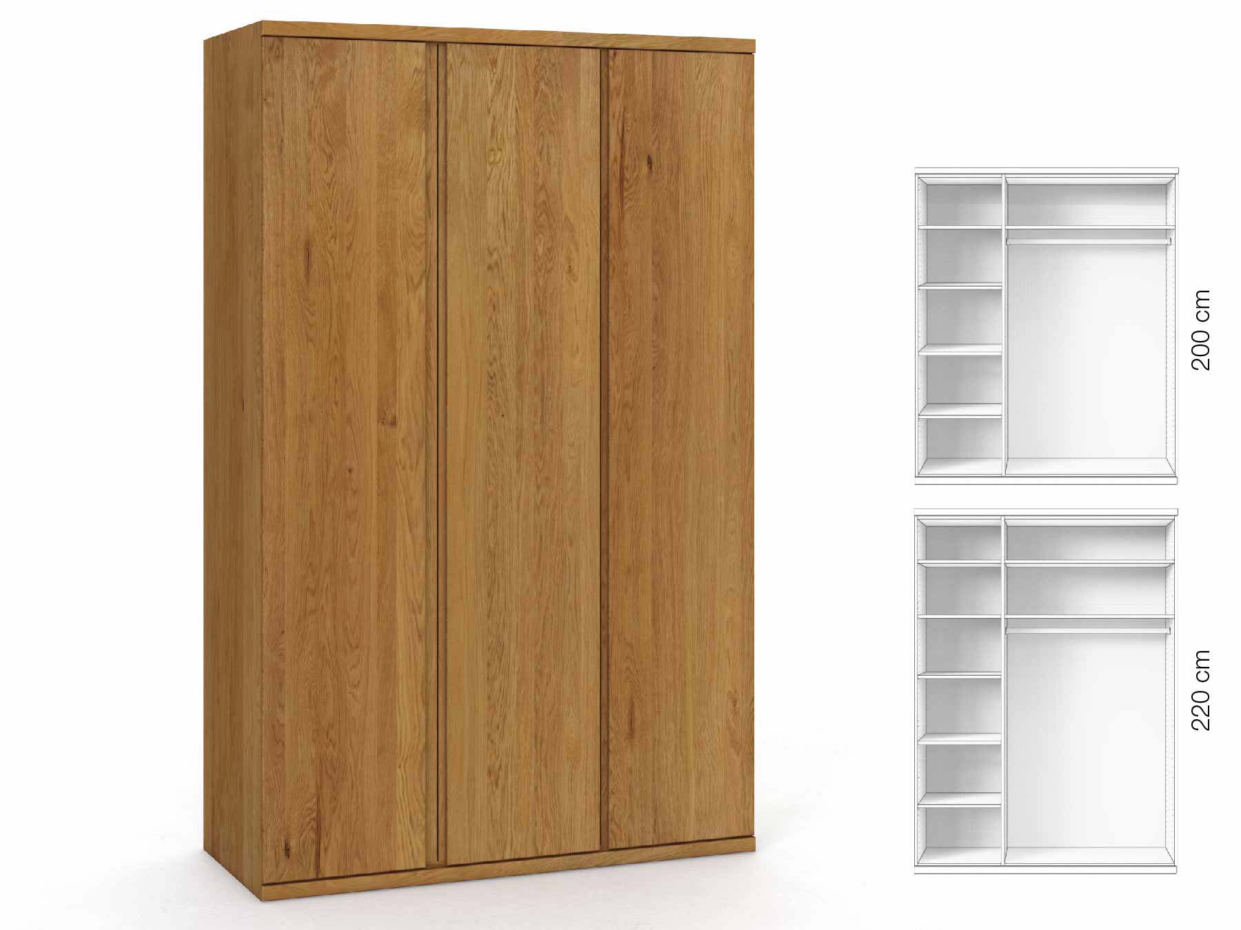 Eichenschrank „Romana“, 3-türig, Höhe 220 cm, Griffausführung „Patrizia“, Inneneinrichtung: B