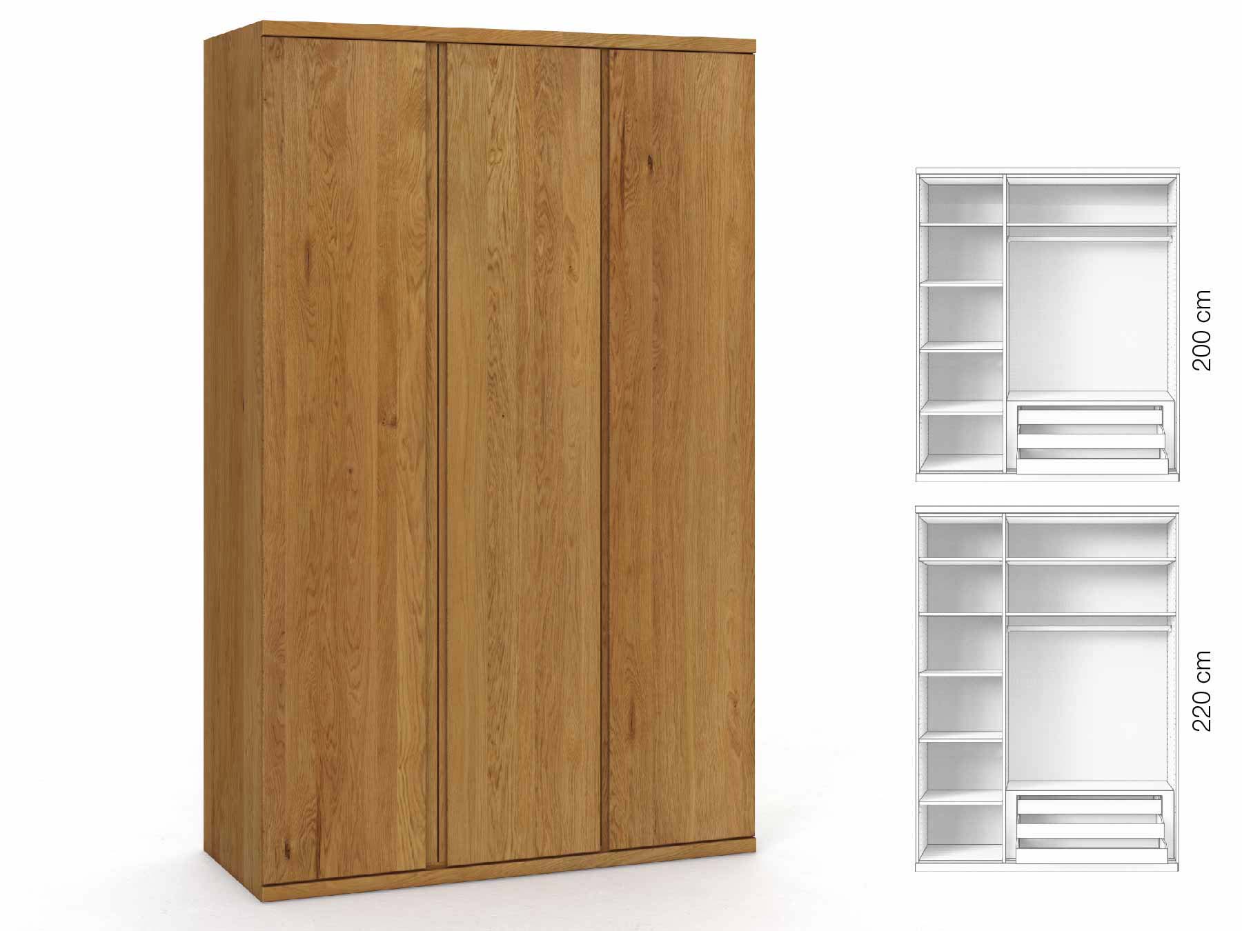 Eichenschrank „Romana“, 3-türig, Höhe 220 cm, Griffausführung „Patrizia“, Inneneinrichtung: C