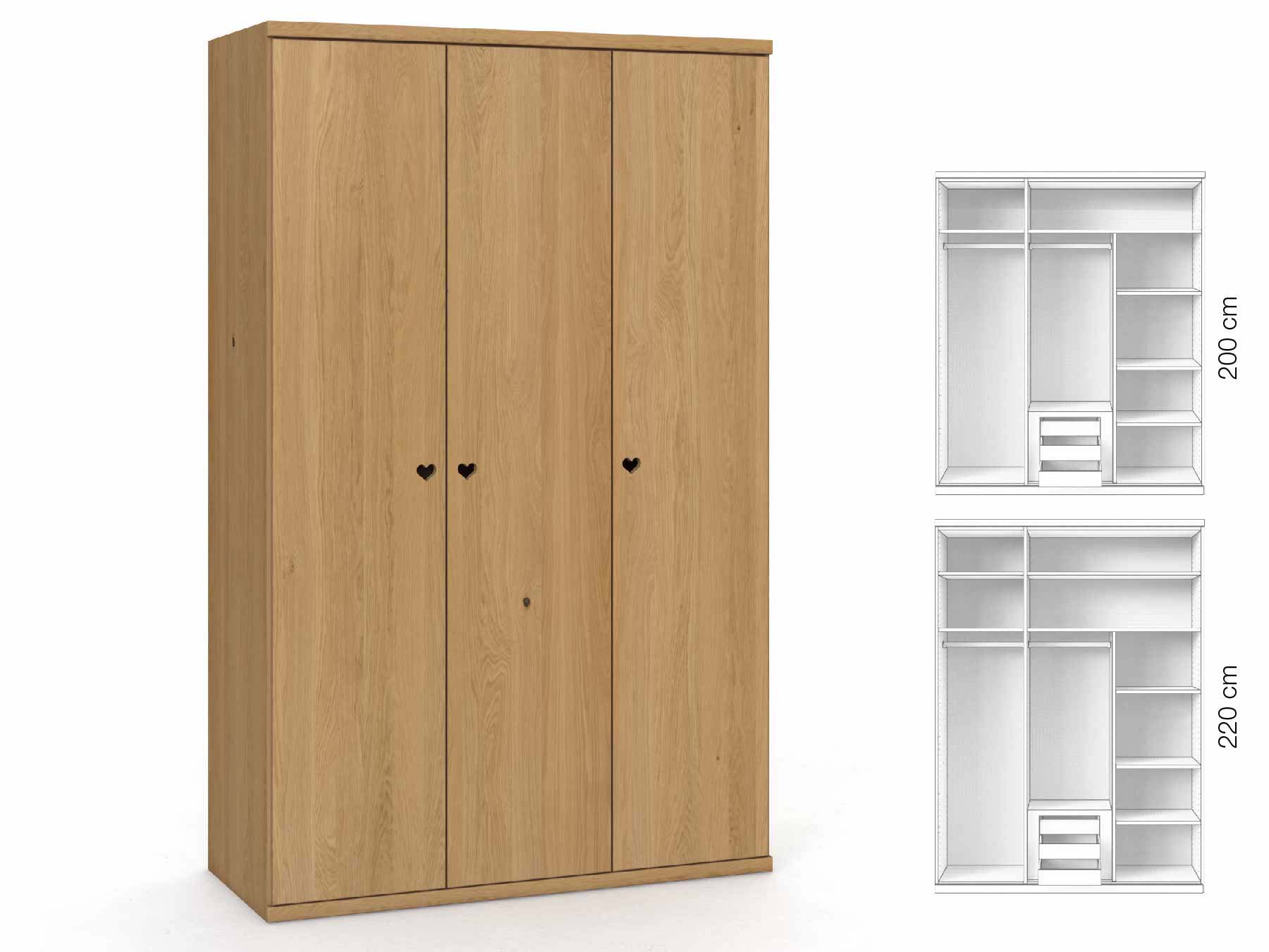 Eichenschrank Hell „Romana“, 3-türig, Höhe 220 cm, Griffausführung „Heidi“, Inneneinrichtung: D