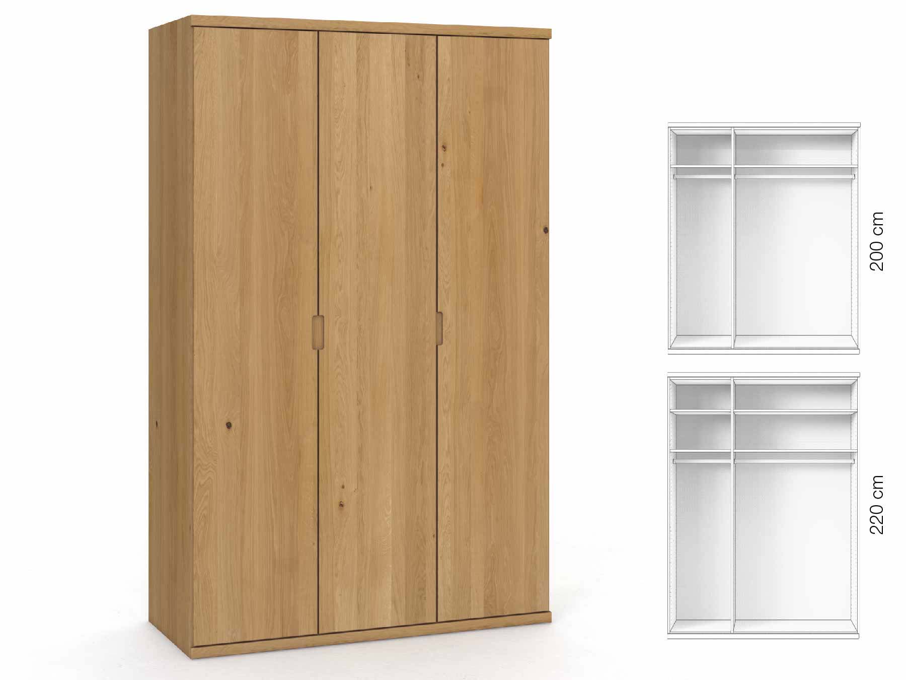 Eichenschrank Hell „Romana“, 3-türig, Höhe 220 cm, Griffausführung „Lukas“, Inneneinrichtung: A