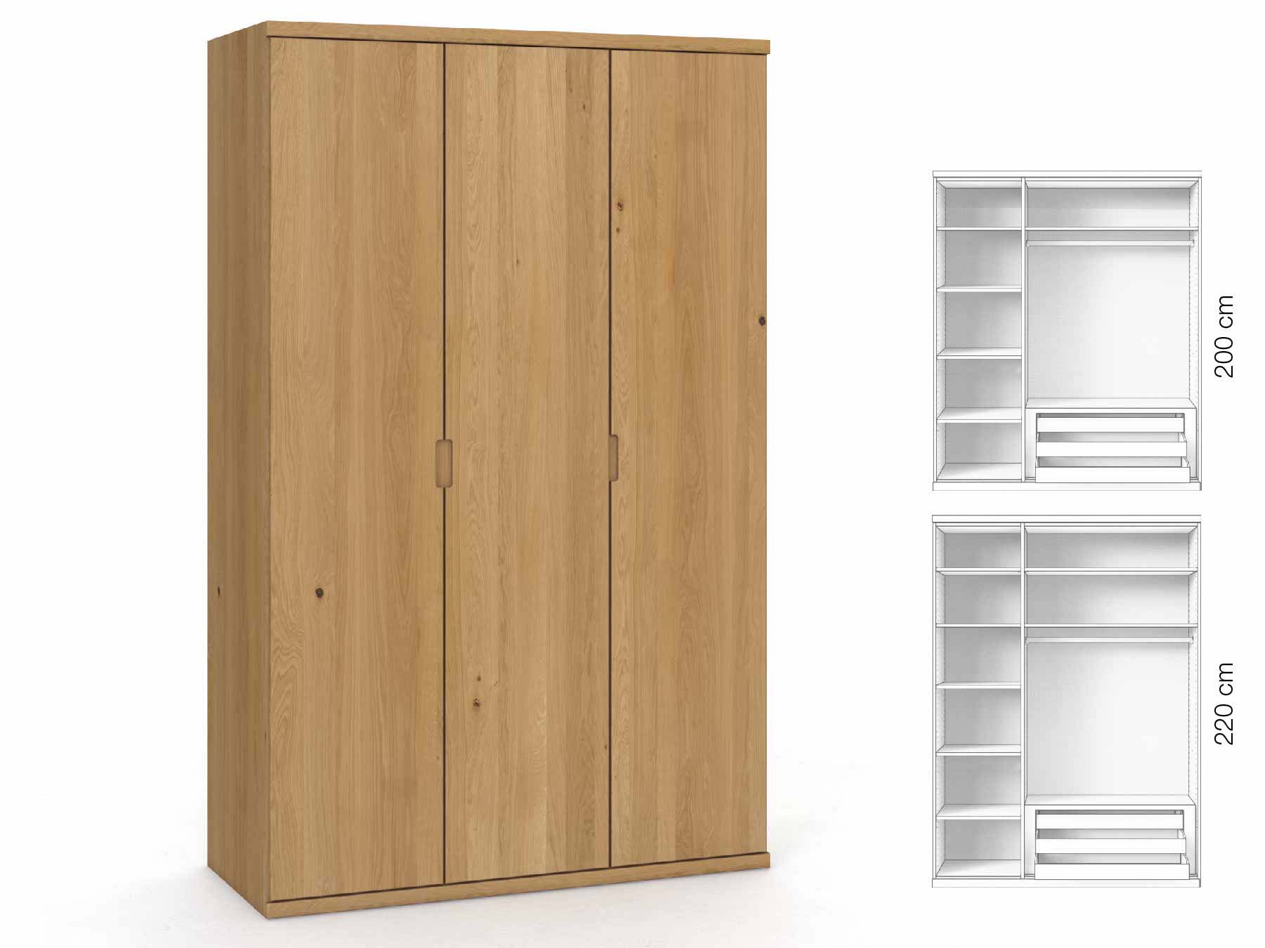 Eichenschrank Hell „Romana“, 3-türig, Höhe 220 cm, Griffausführung „Lukas“, Inneneinrichtung: C