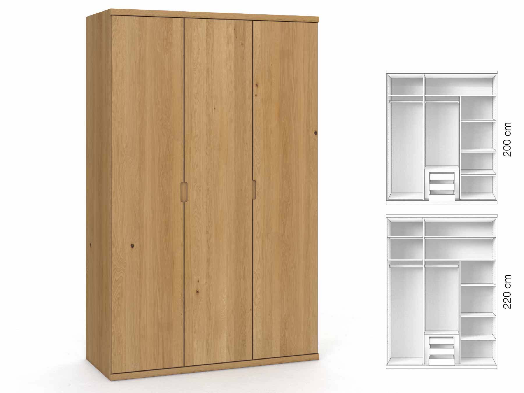 Eichenschrank Hell „Romana“, 3-türig, Höhe 220 cm, Griffausführung „Lukas“, Inneneinrichtung: D