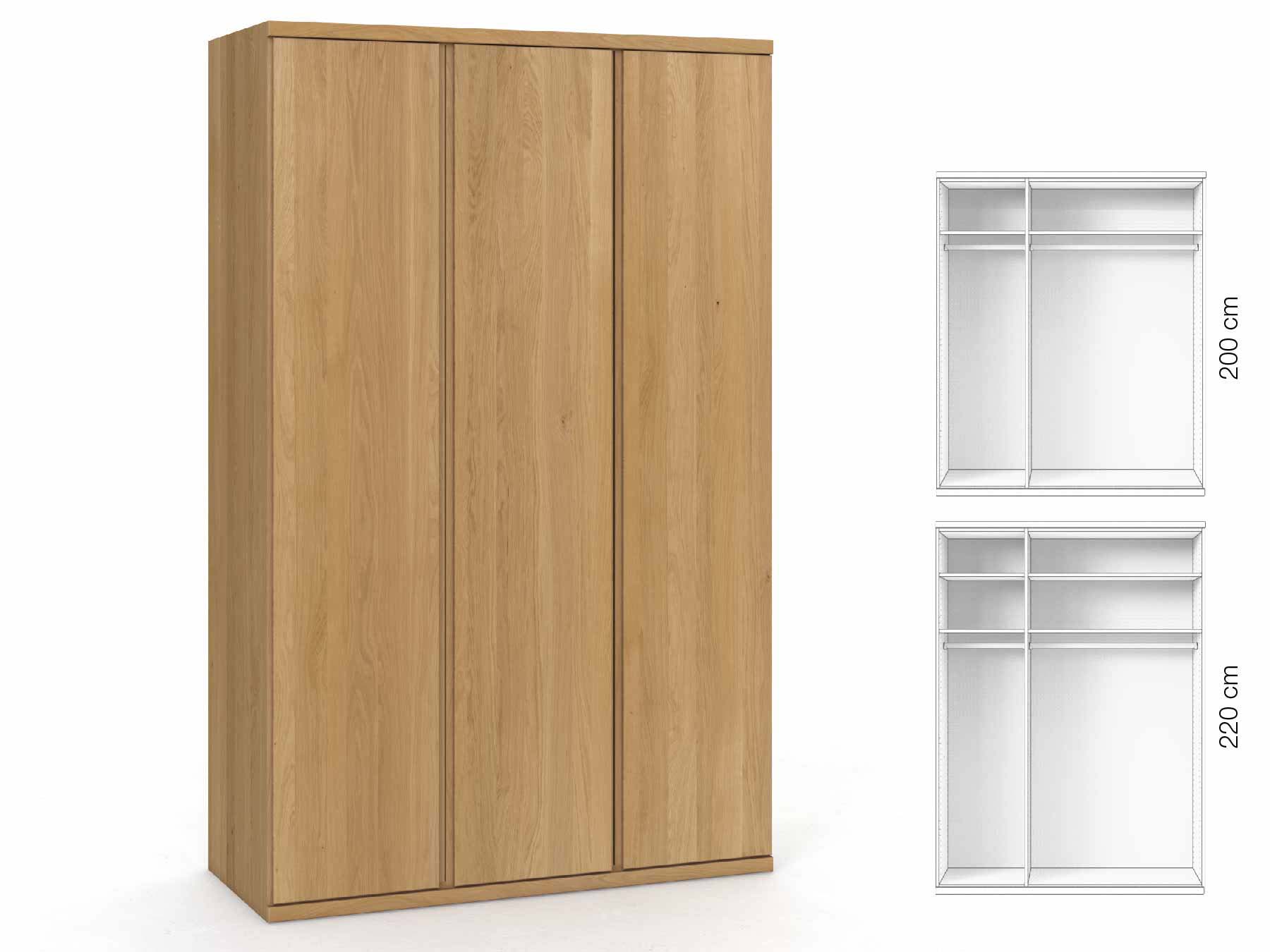 Eichenschrank Hell „Romana“, 3-türig, Höhe 220 cm, Griffausführung „Patrizia“, Inneneinrichtung: A