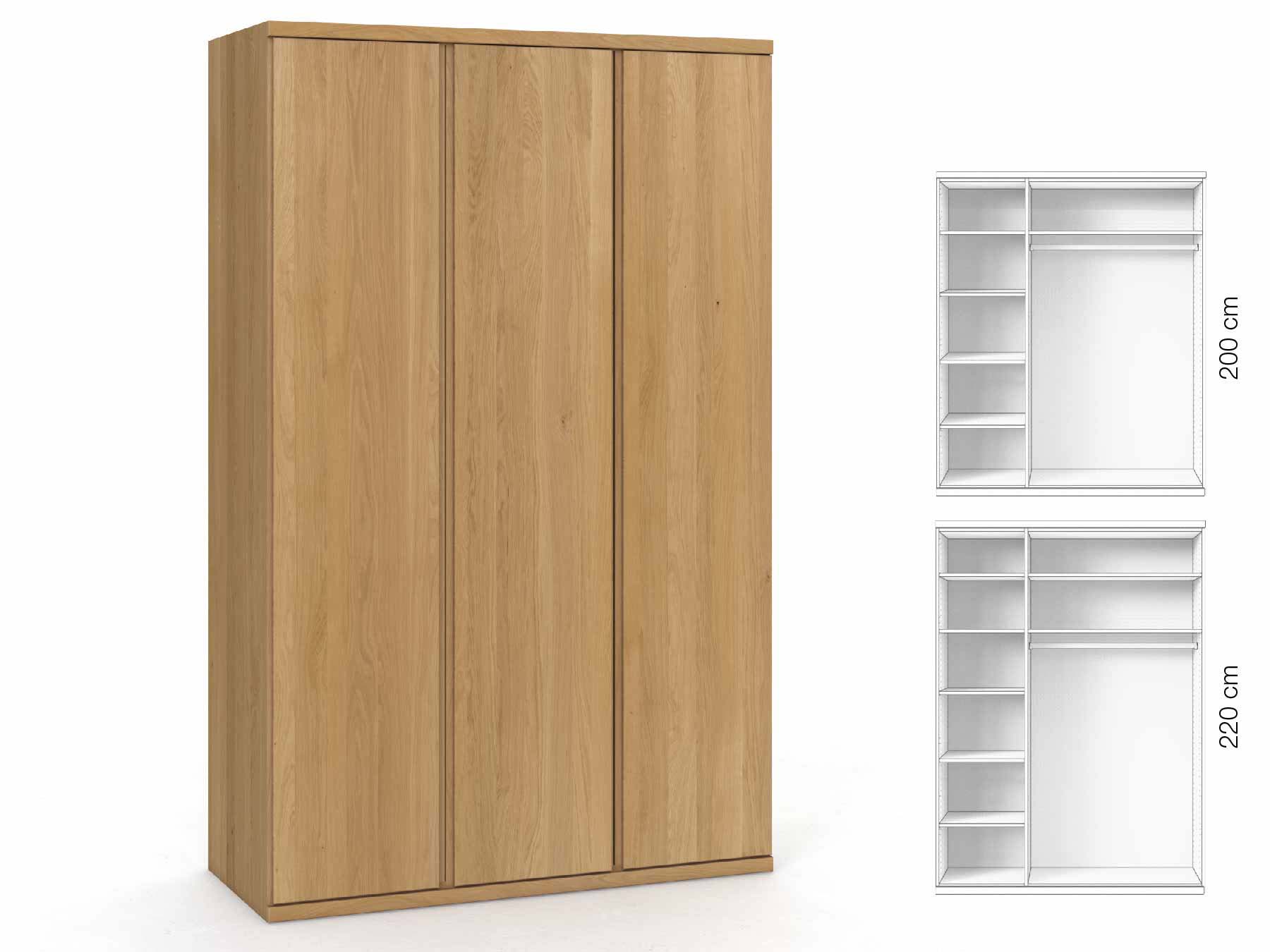 Eichenschrank Hell „Romana“, 3-türig, Höhe 220 cm, Griffausführung „Patrizia“, Inneneinrichtung: B