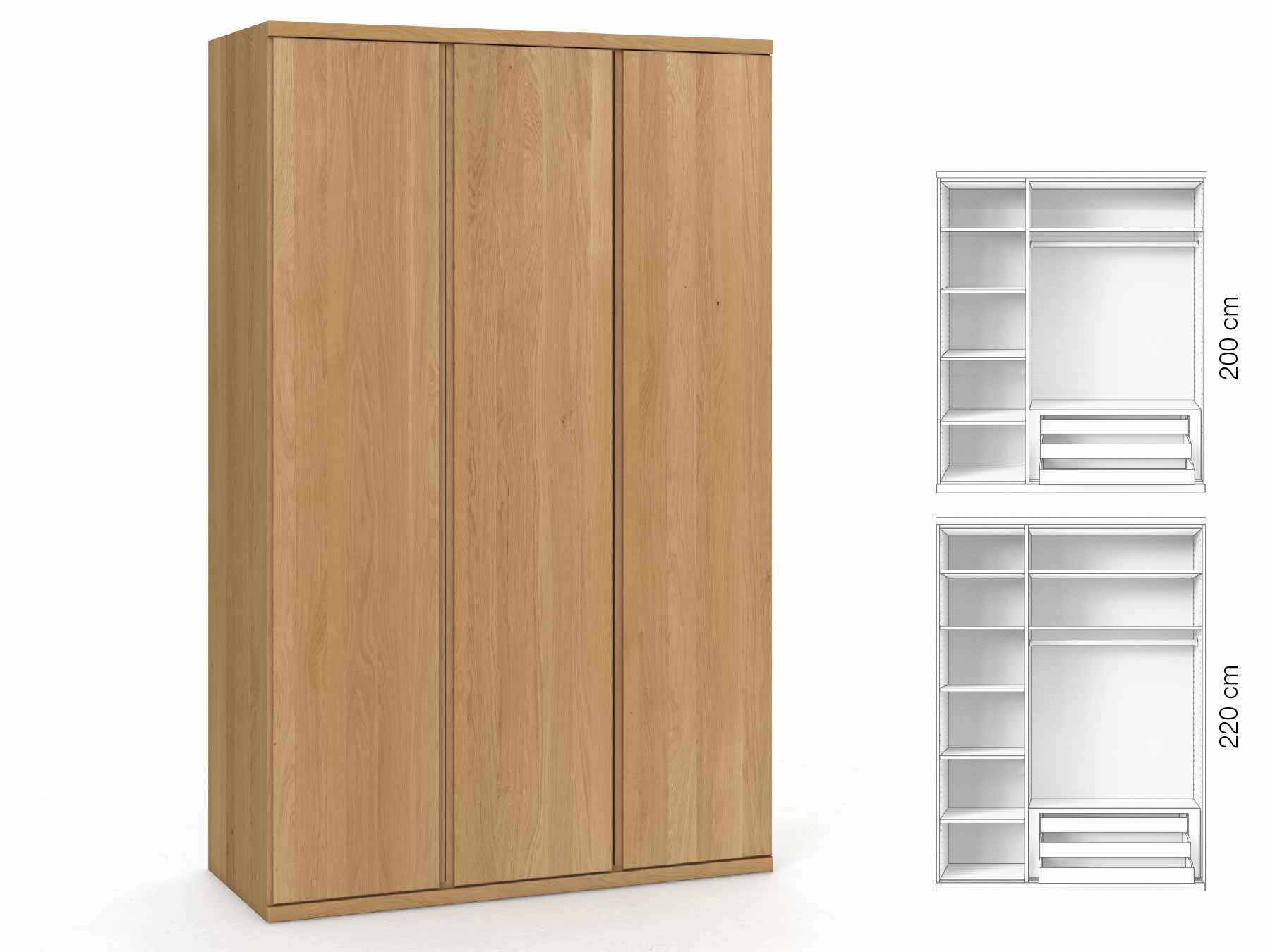 Eichenschrank Hell „Romana“, 3-türig, Höhe 220 cm, Griffausführung „Patrizia“, Inneneinrichtung: C