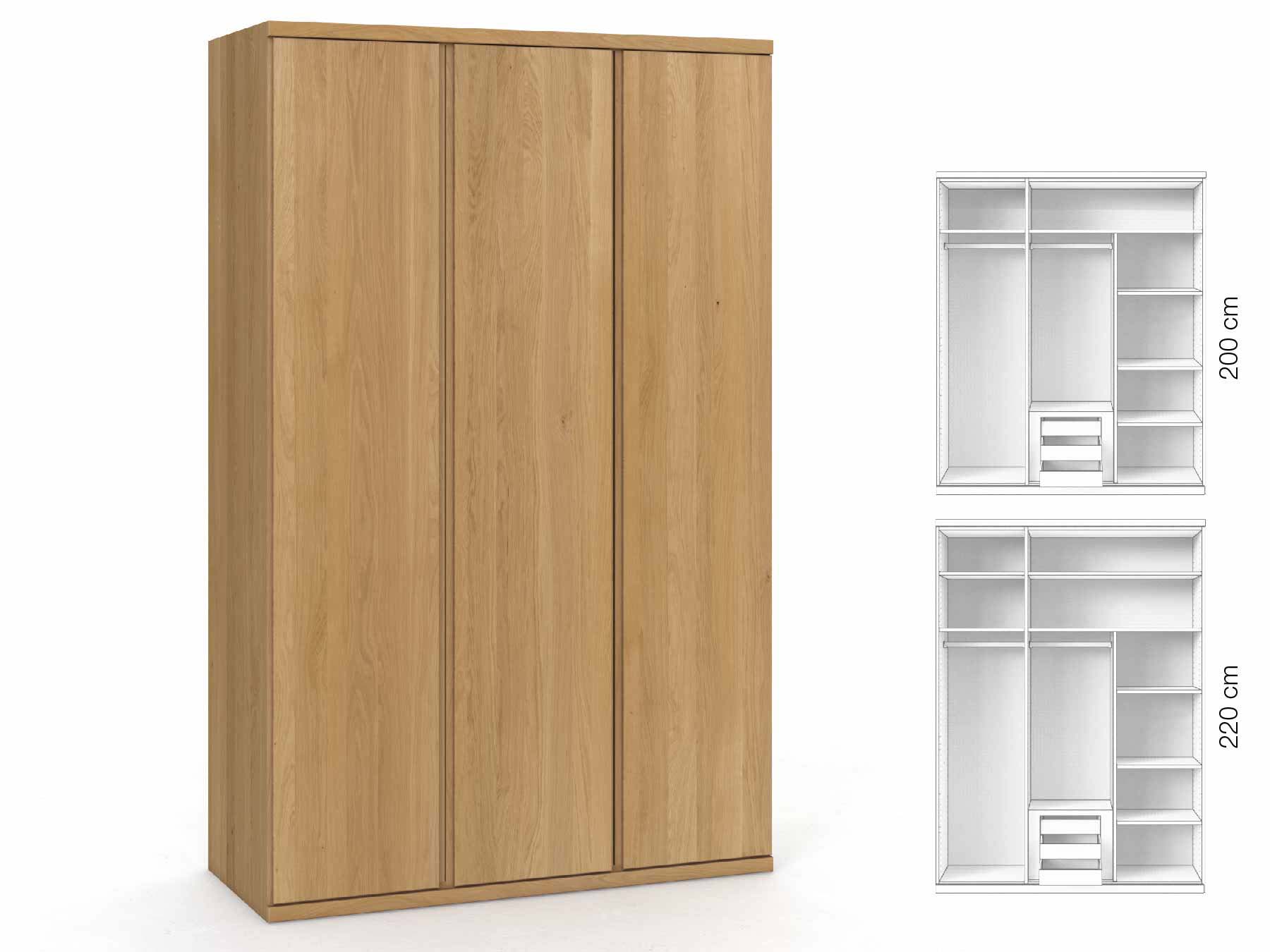 Eichenschrank Hell „Romana“, 3-türig, Höhe 220 cm, Griffausführung „Patrizia“, Inneneinrichtung: D
