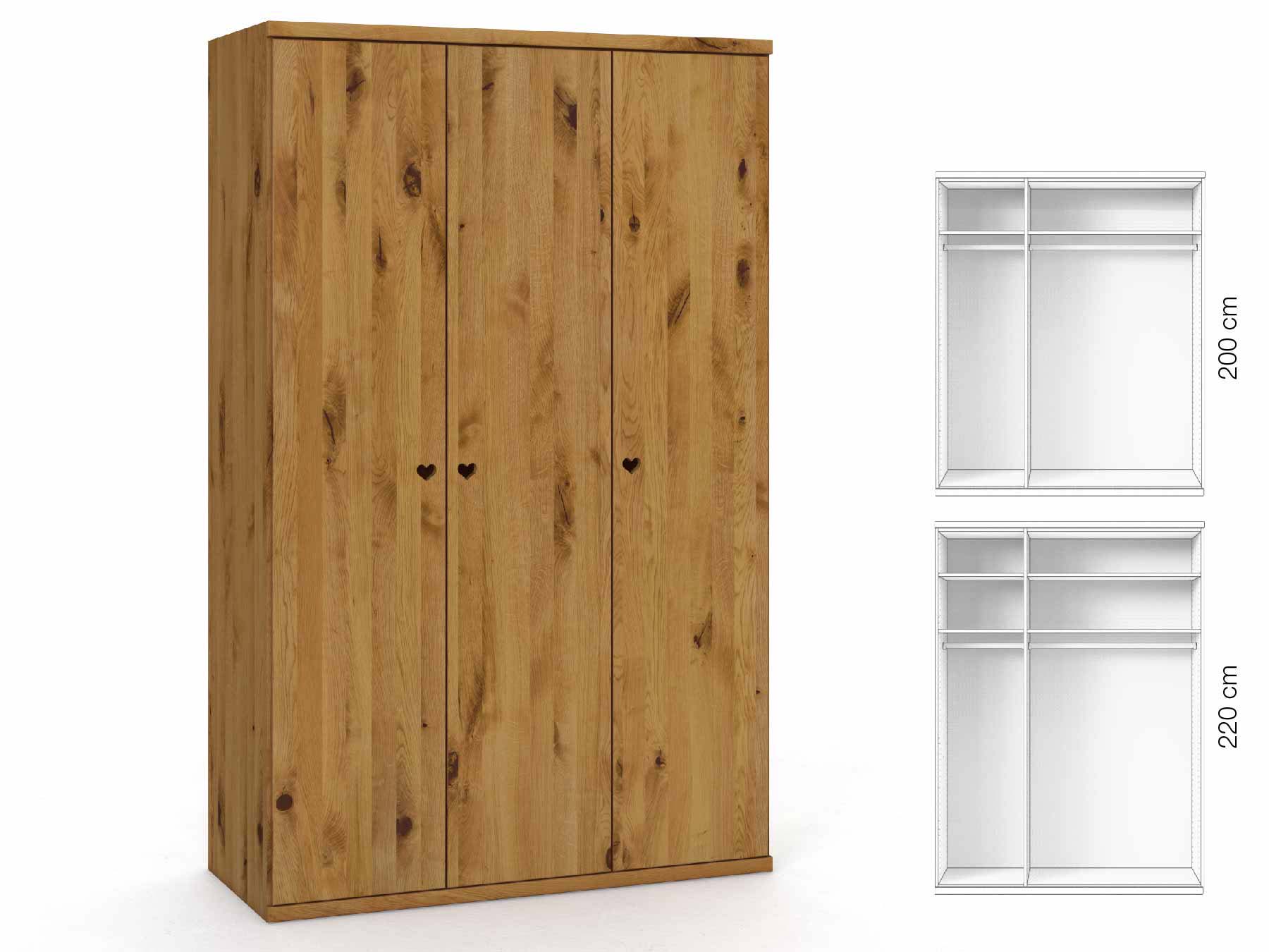 Wildeichenschrank „Romana“, 3-türig, Höhe 220 cm, Griffausführung „Heidi“, Inneneinrichtung: A