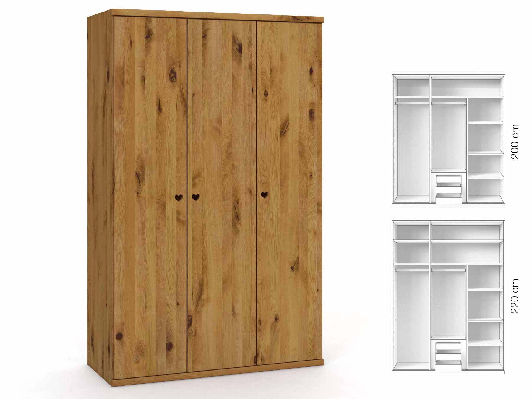 Wildeichenschrank „Romana“, 3-türig, Höhe 220 cm, Griffausführung „Heidi“, Inneneinrichtung: D