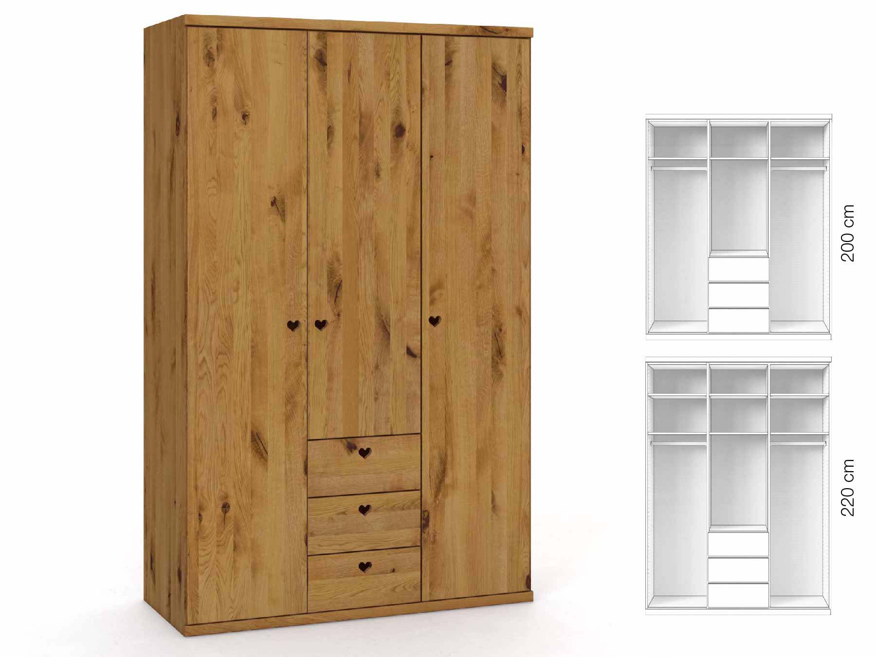 Wildeichenschrank „Romana“, 3-türig, Höhe 220 cm, Griffausführung „Heidi“, Inneneinrichtung: E