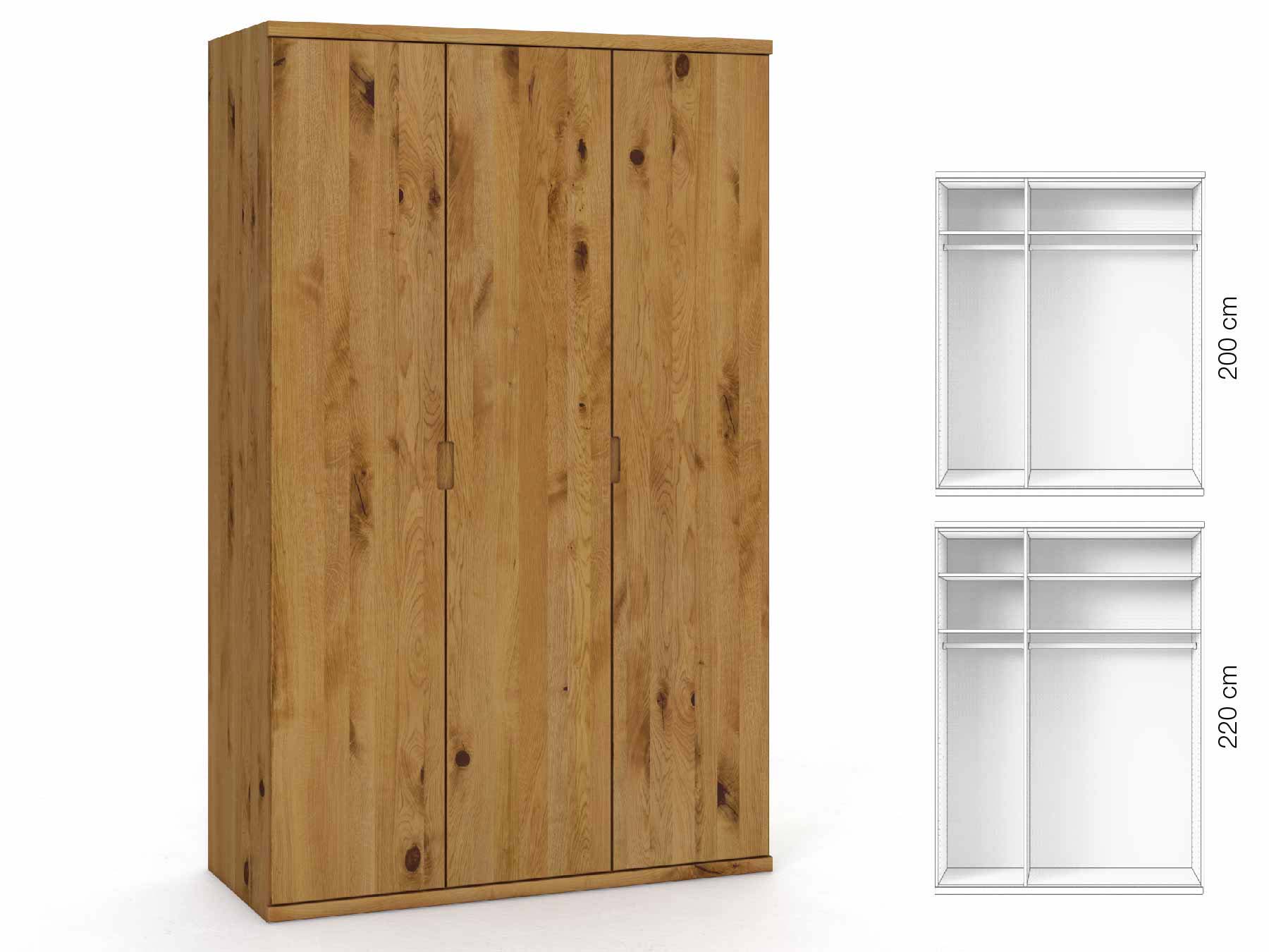 Wildeichenschrank „Romana“, 3-türig, Höhe 220 cm, Griffausführung „Lukas“, Inneneinrichtung: A
