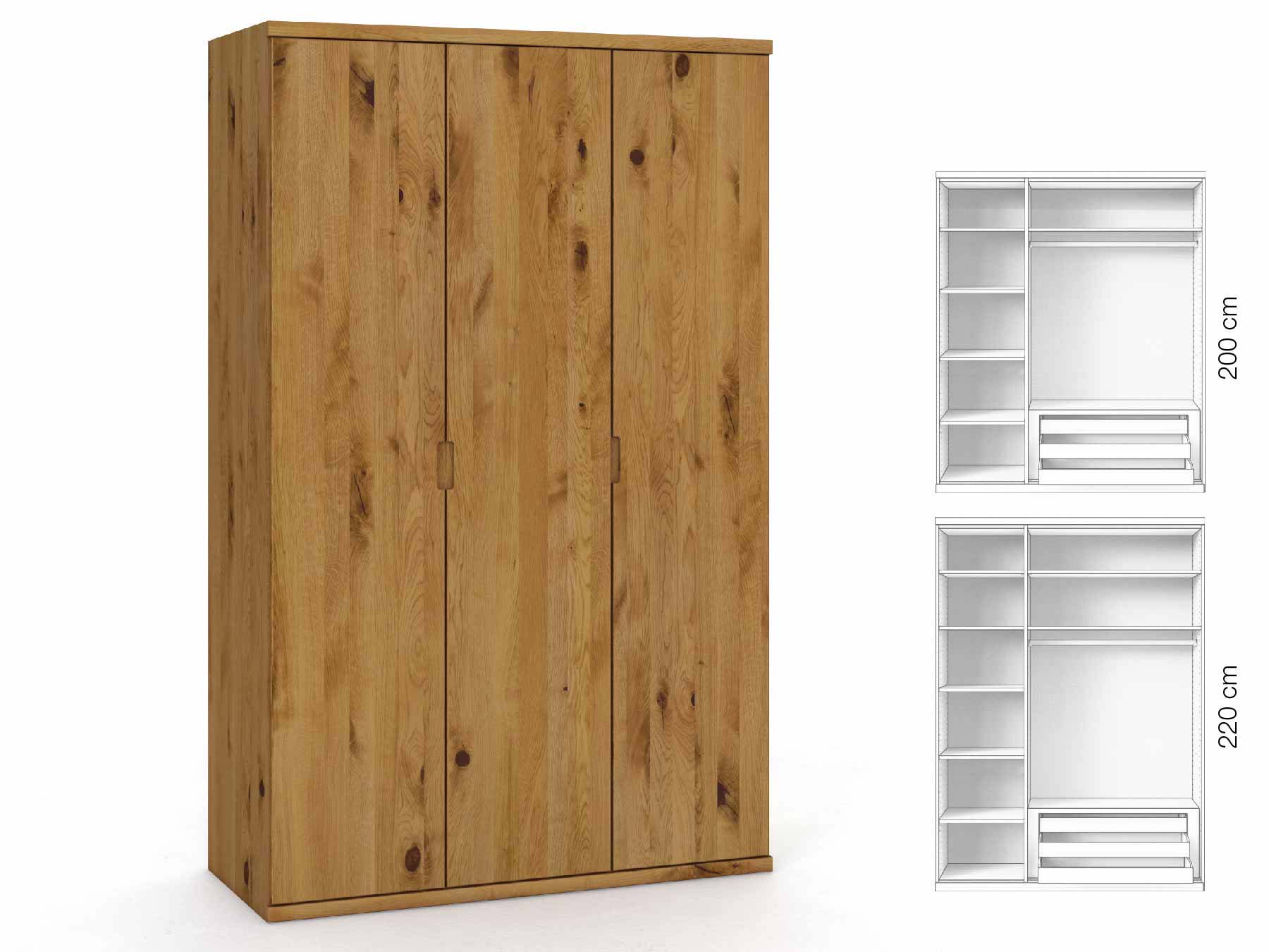 Wildeichenschrank „Romana“, 3-türig, Höhe 220 cm, Griffausführung „Lukas“, Inneneinrichtung: C