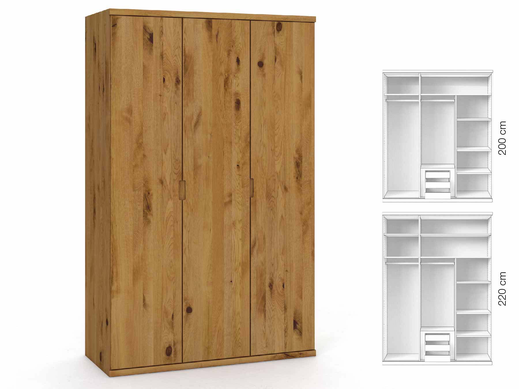 Wildeichenschrank „Romana“, 3-türig, Höhe 220 cm, Griffausführung „Lukas“, Inneneinrichtung: D