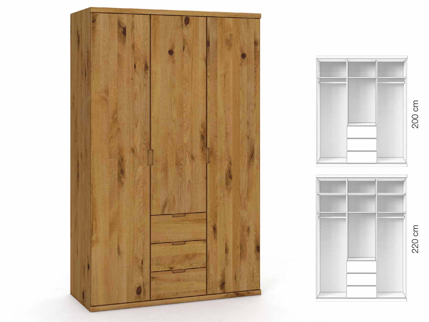 Wildeichenschrank „Romana“, 3-türig, Höhe 220 cm, Griffausführung „Lukas“, Inneneinrichtung: E