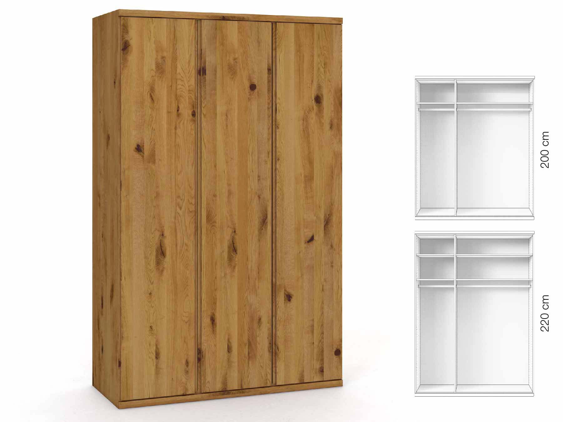 Wildeichenschrank „Romana“, 3-türig, Höhe 220 cm, Griffausführung „Patrizia“, Inneneinrichtung: A