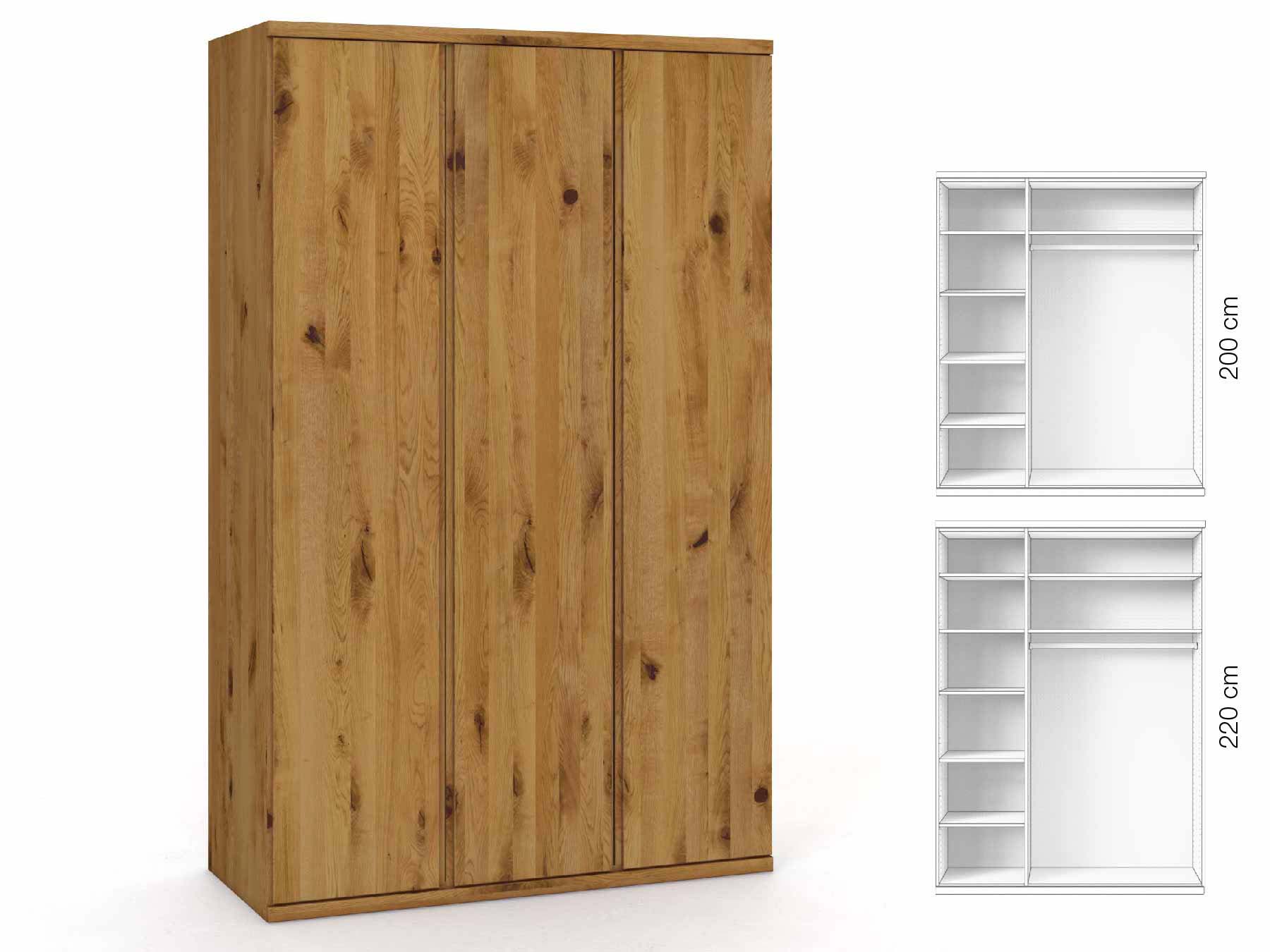 Wildeichenschrank „Romana“, 3-türig, Höhe 220 cm, Griffausführung „Patrizia“, Inneneinrichtung: B