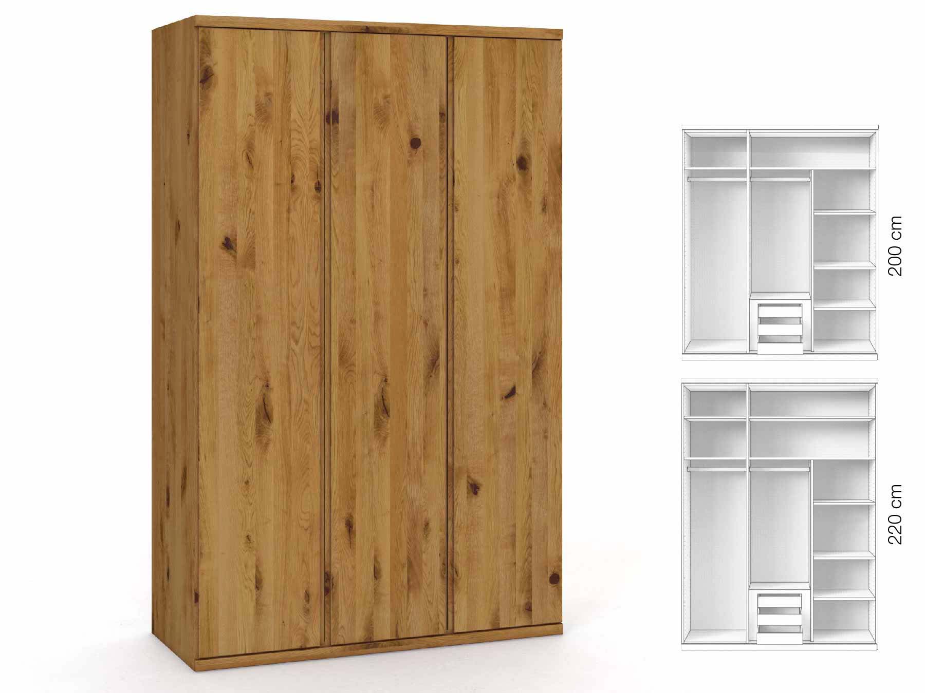 Wildeichenschrank „Romana“, 3-türig, Höhe 220 cm, Griffausführung „Patrizia“, Inneneinrichtung: D