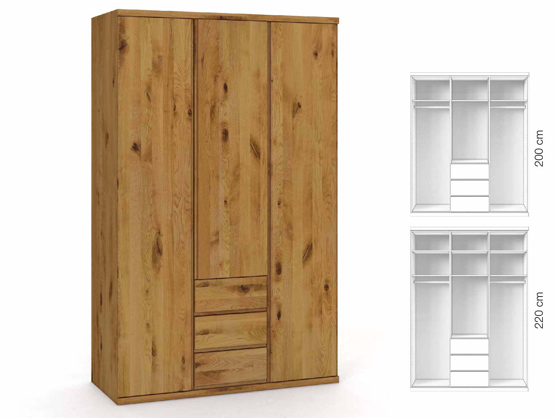Wildeichenschrank „Romana“, 3-türig, Höhe 220 cm, Griffausführung „Patrizia“, Inneneinrichtung: E