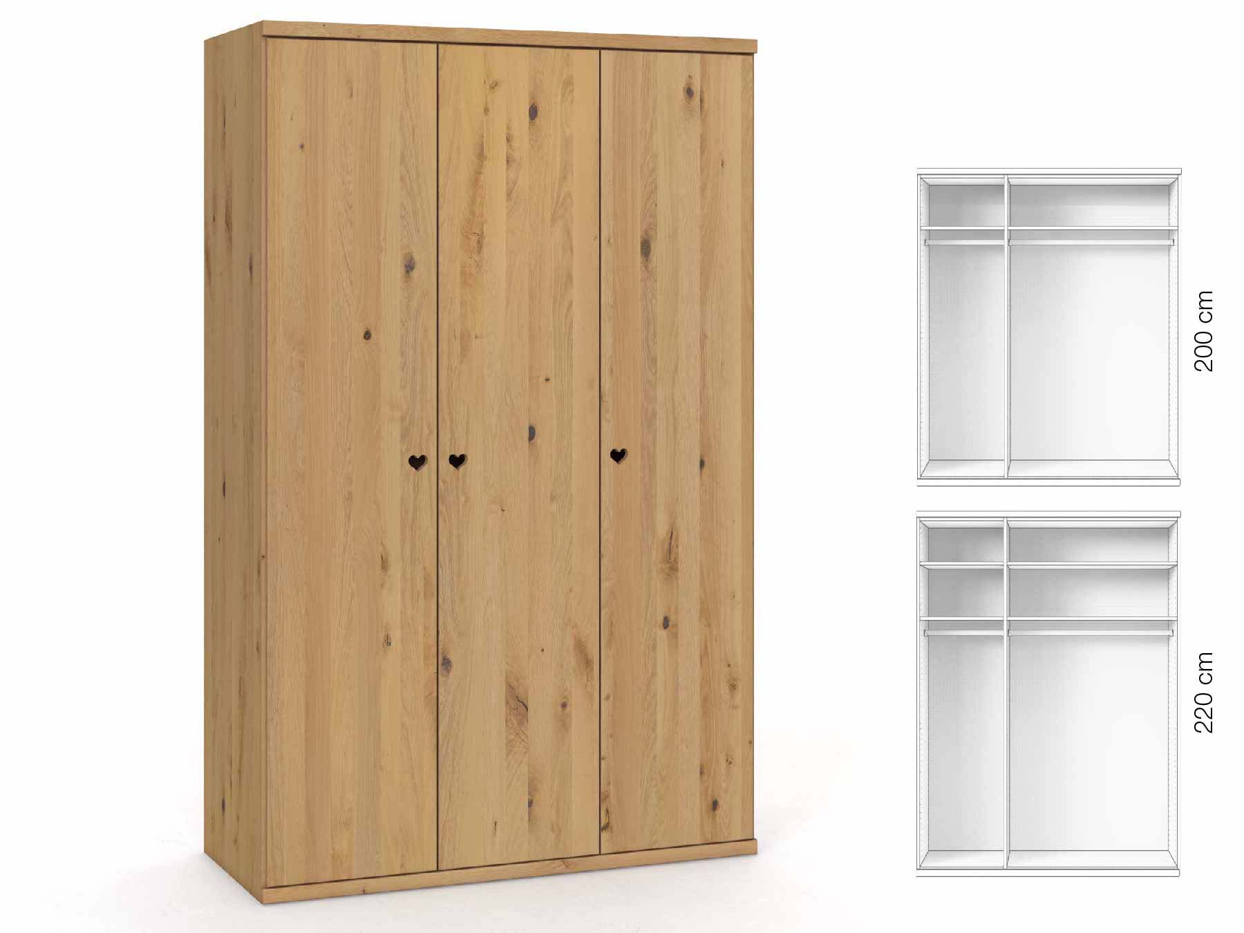 Wildeichenschrank Hell „Romana“, 3-türig, Höhe 220 cm, Griffausführung „Heidi“, Inneneinrichtung: A