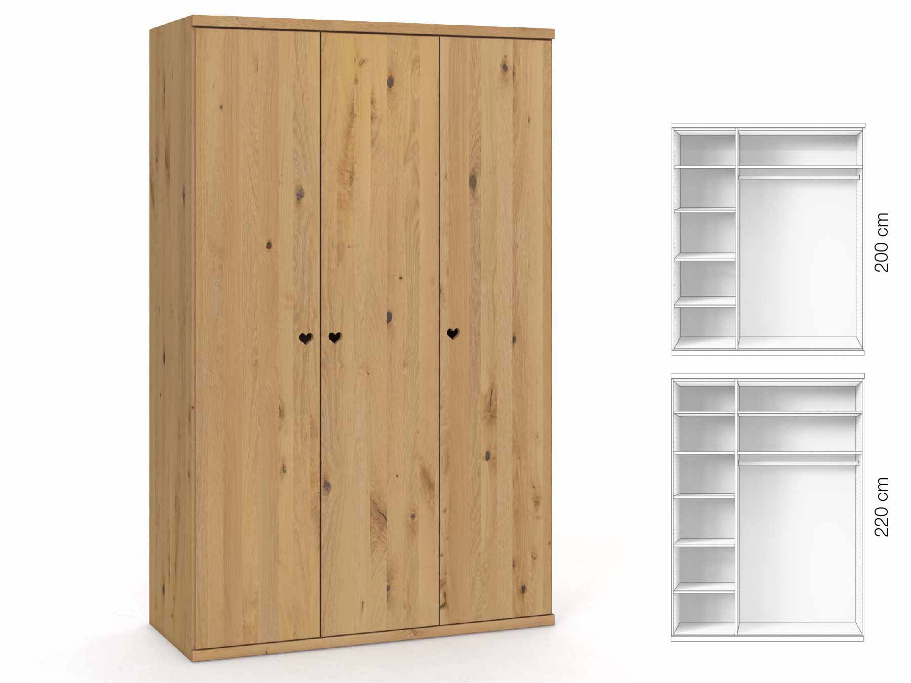 Wildeichenschrank Hell „Romana“, 3-türig, Höhe 220 cm, Griffausführung „Heidi“, Inneneinrichtung: B