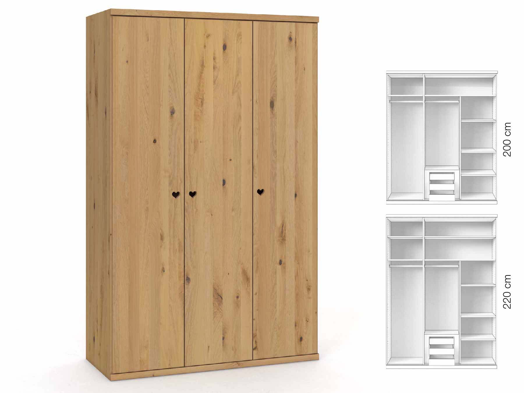 Wildeichenschrank Hell „Romana“, 3-türig, Höhe 220 cm, Griffausführung „Heidi“, Inneneinrichtung: D