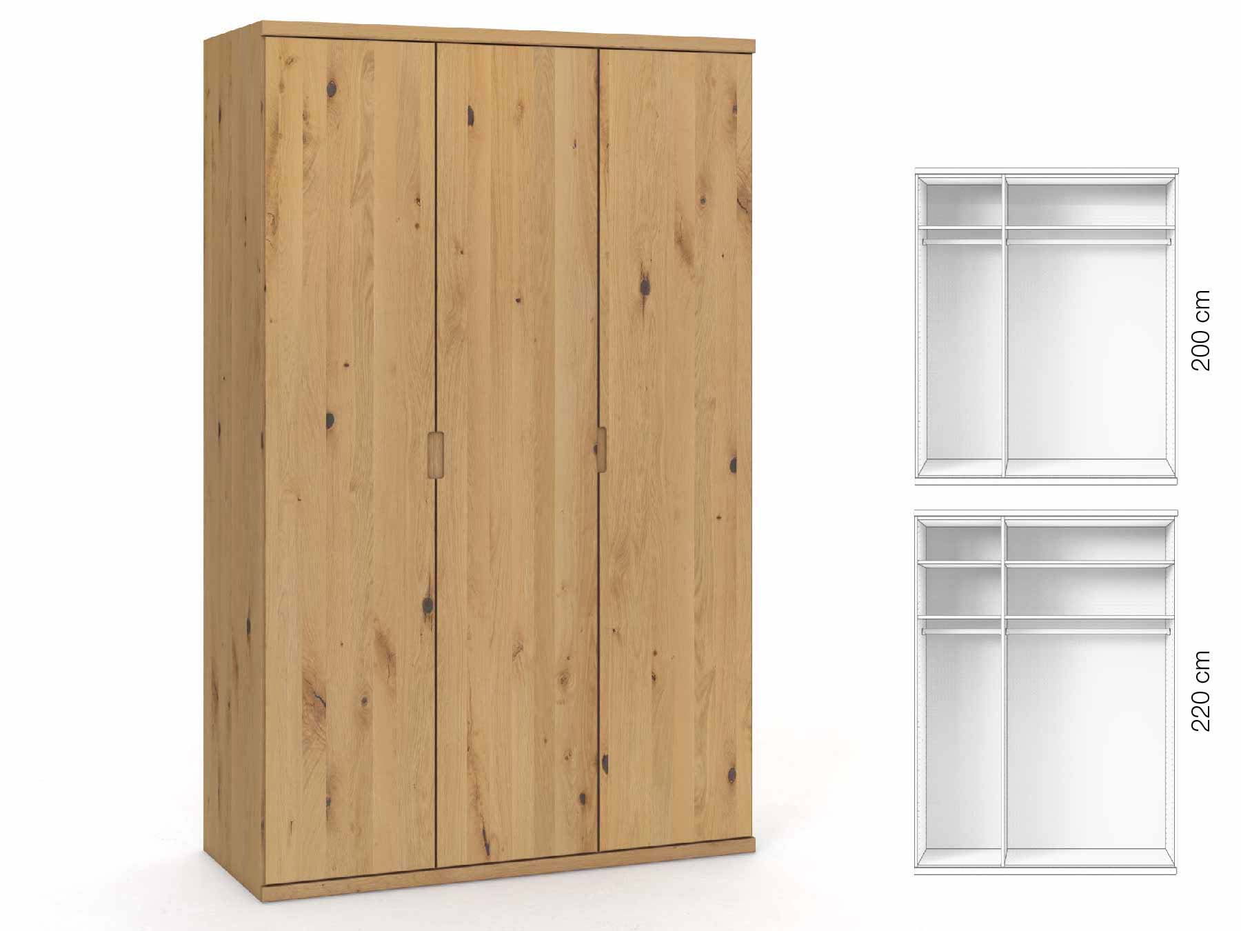 Wildeichenschrank Hell „Romana“, 3-türig, Höhe 220 cm, Griffausführung „Lukas“, Inneneinrichtung: A