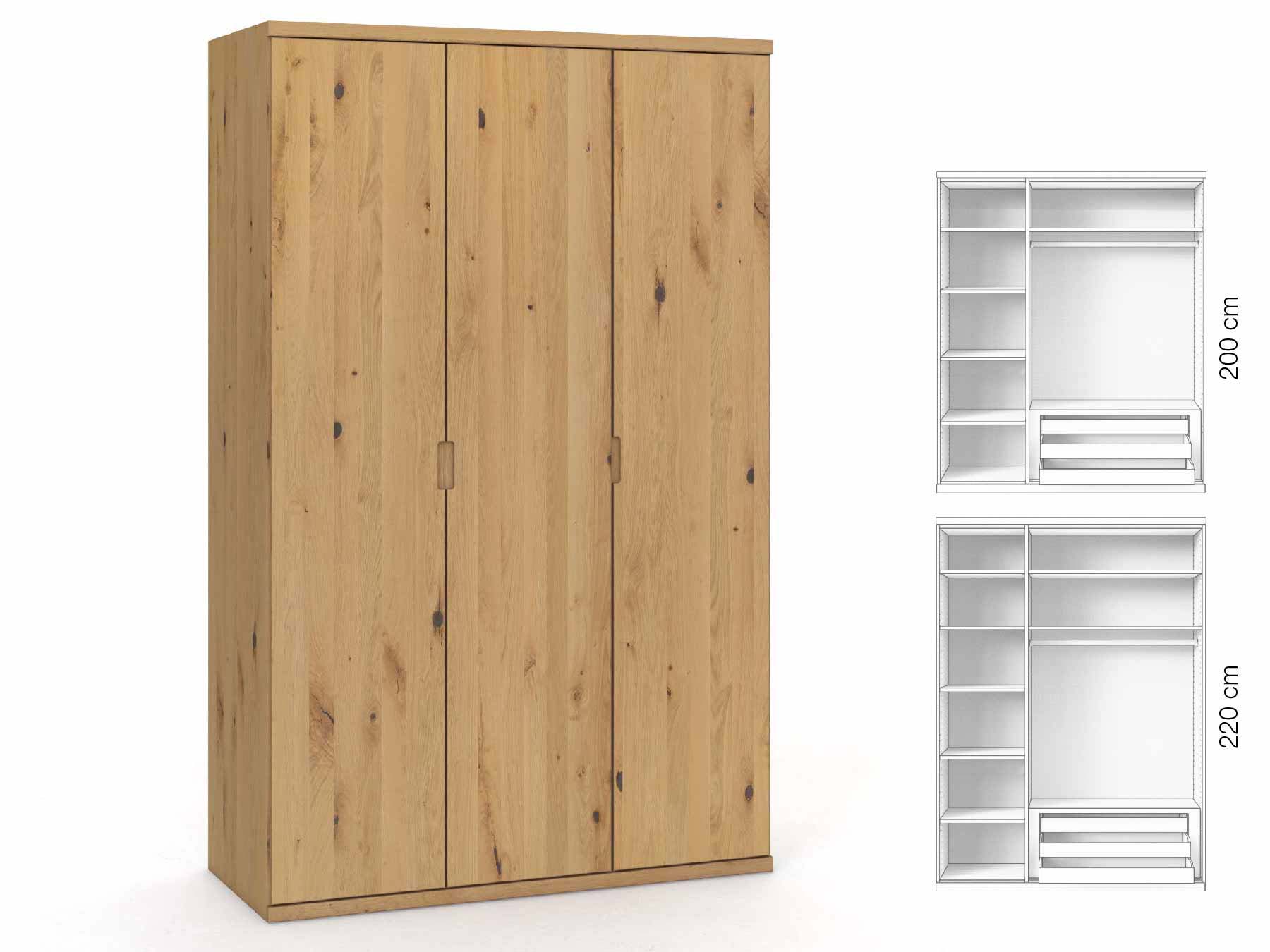 Wildeichenschrank Hell „Romana“, 3-türig, Höhe 220 cm, Griffausführung „Lukas“, Inneneinrichtung: C