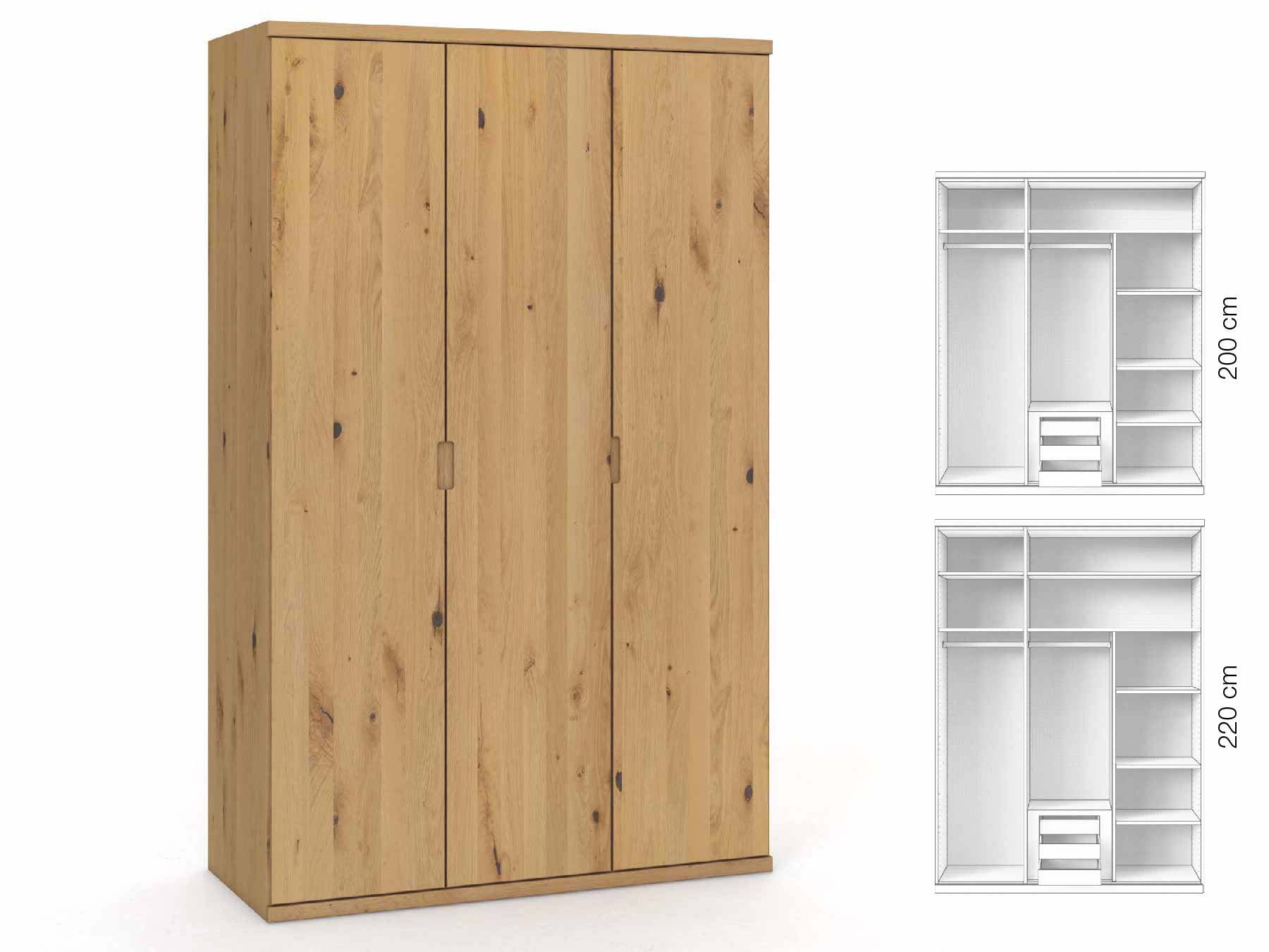 Wildeichenschrank Hell „Romana“, 3-türig, Höhe 220 cm, Griffausführung „Lukas“, Inneneinrichtung: D