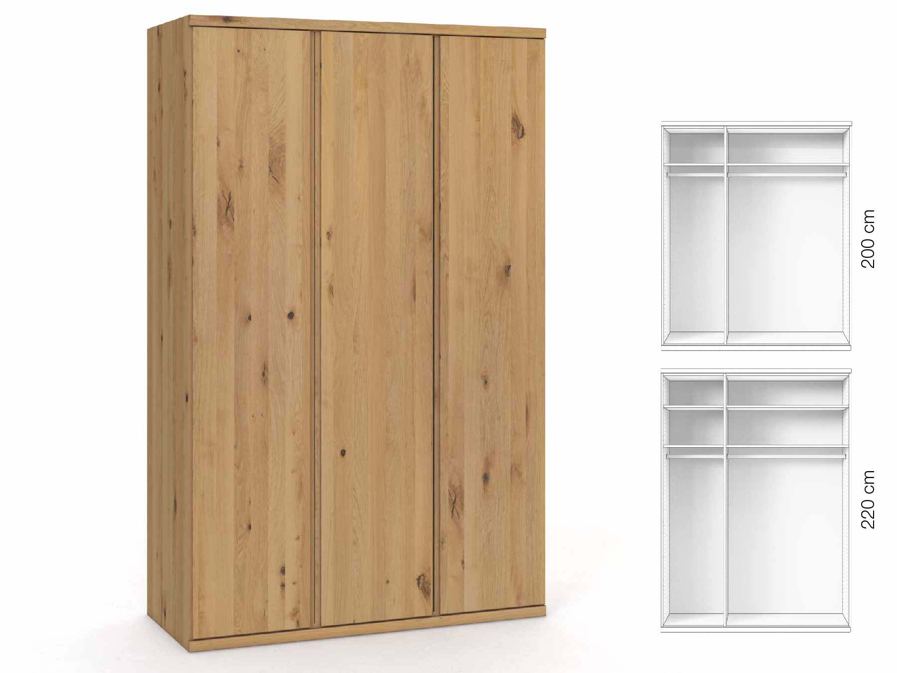 Wildeichenschrank Hell „Romana“, 3-türig, Höhe 220 cm, Griffausführung „Patrizia“, Inneneinrichtung: A