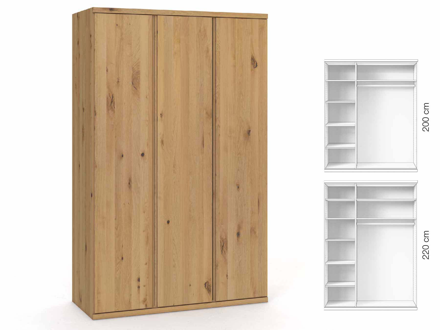 Wildeichenschrank Hell „Romana“, 3-türig, Höhe 220 cm, Griffausführung „Patrizia“, Inneneinrichtung: B