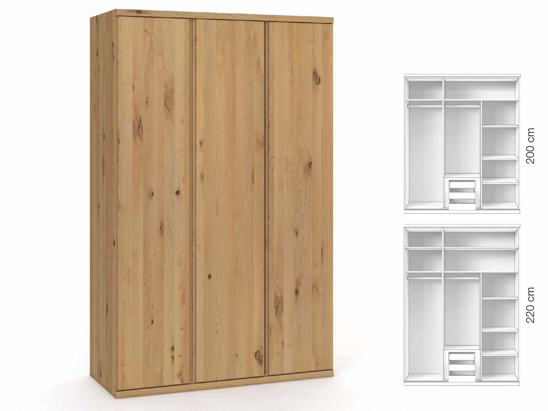 Wildeichenschrank Hell „Romana“, 3-türig, Höhe 220 cm, Griffausführung „Patrizia“, Inneneinrichtung: D