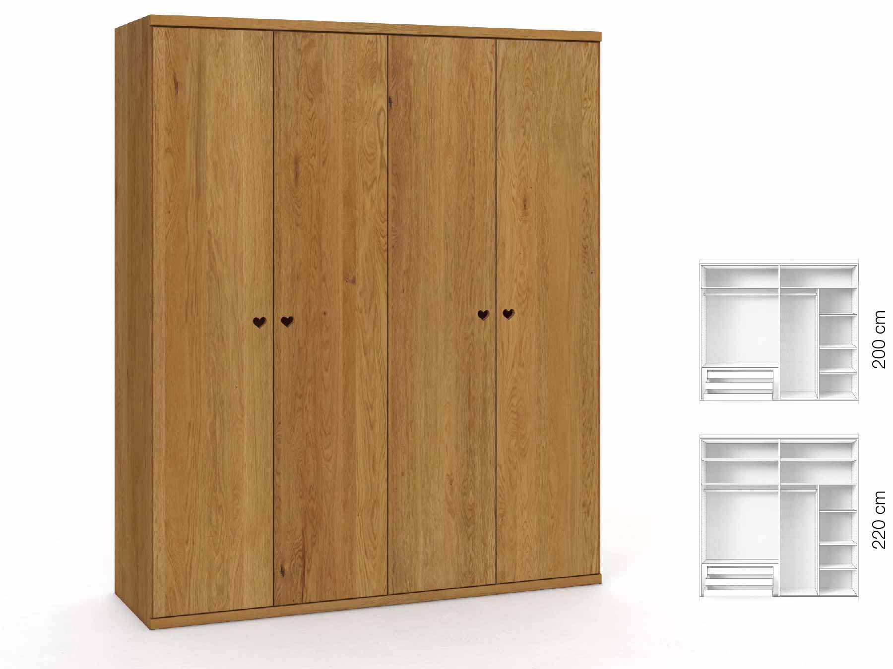 Eichenschrank „Romana“, 4-türig, Höhe 220 cm, Griffausführung „Heidi“, Inneneinrichtung: D
