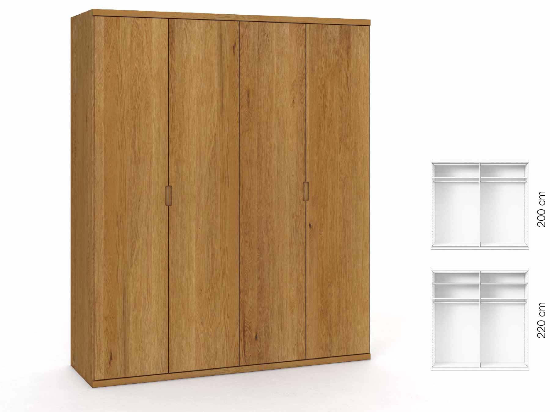 Eichenschrank „Romana“, 4-türig, Höhe 220 cm, Griffausführung „Lukas“, Inneneinrichtung: A