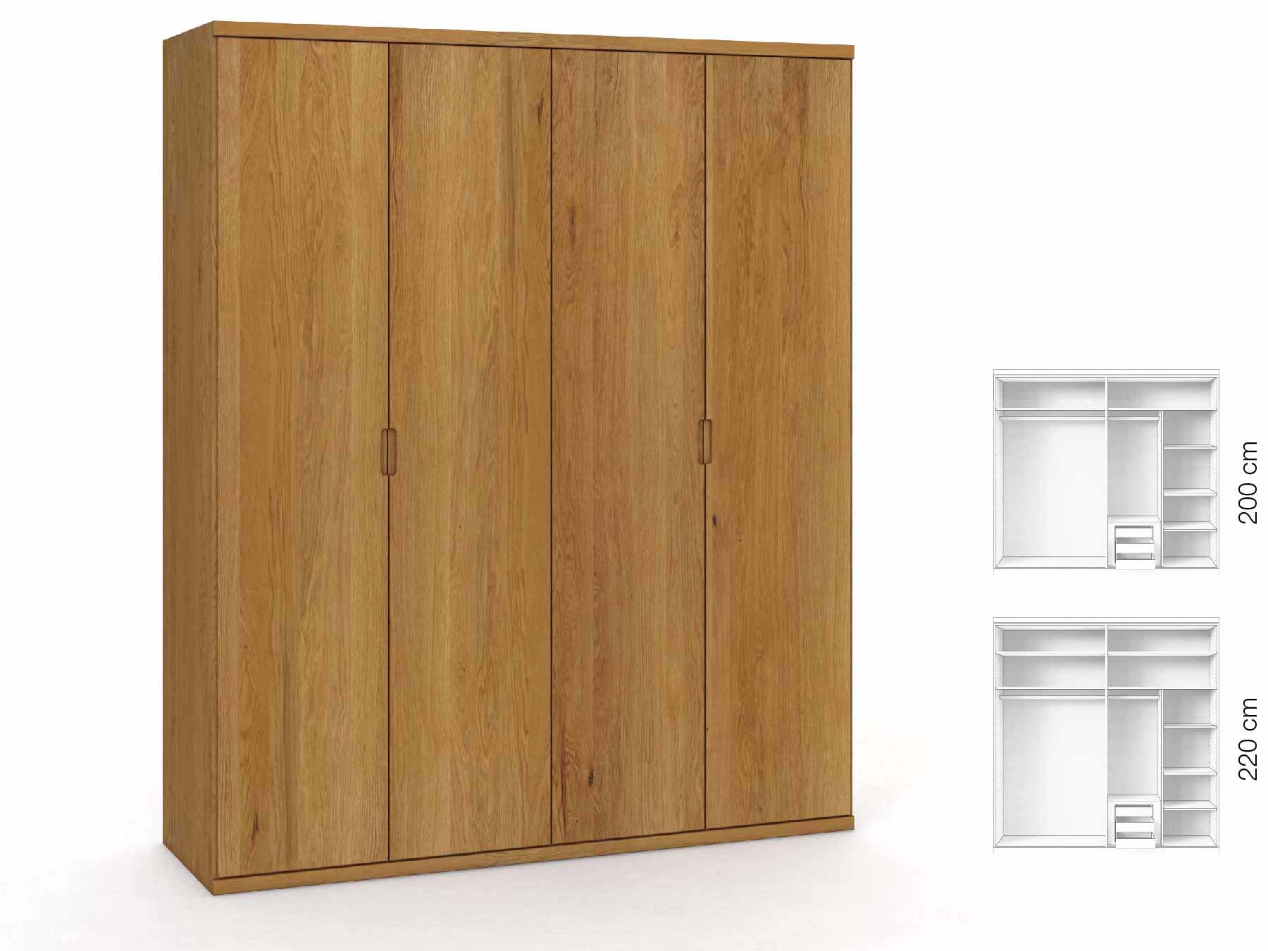 Eichenschrank „Romana“, 4-türig, Höhe 220 cm, Griffausführung „Lukas“, Inneneinrichtung: C