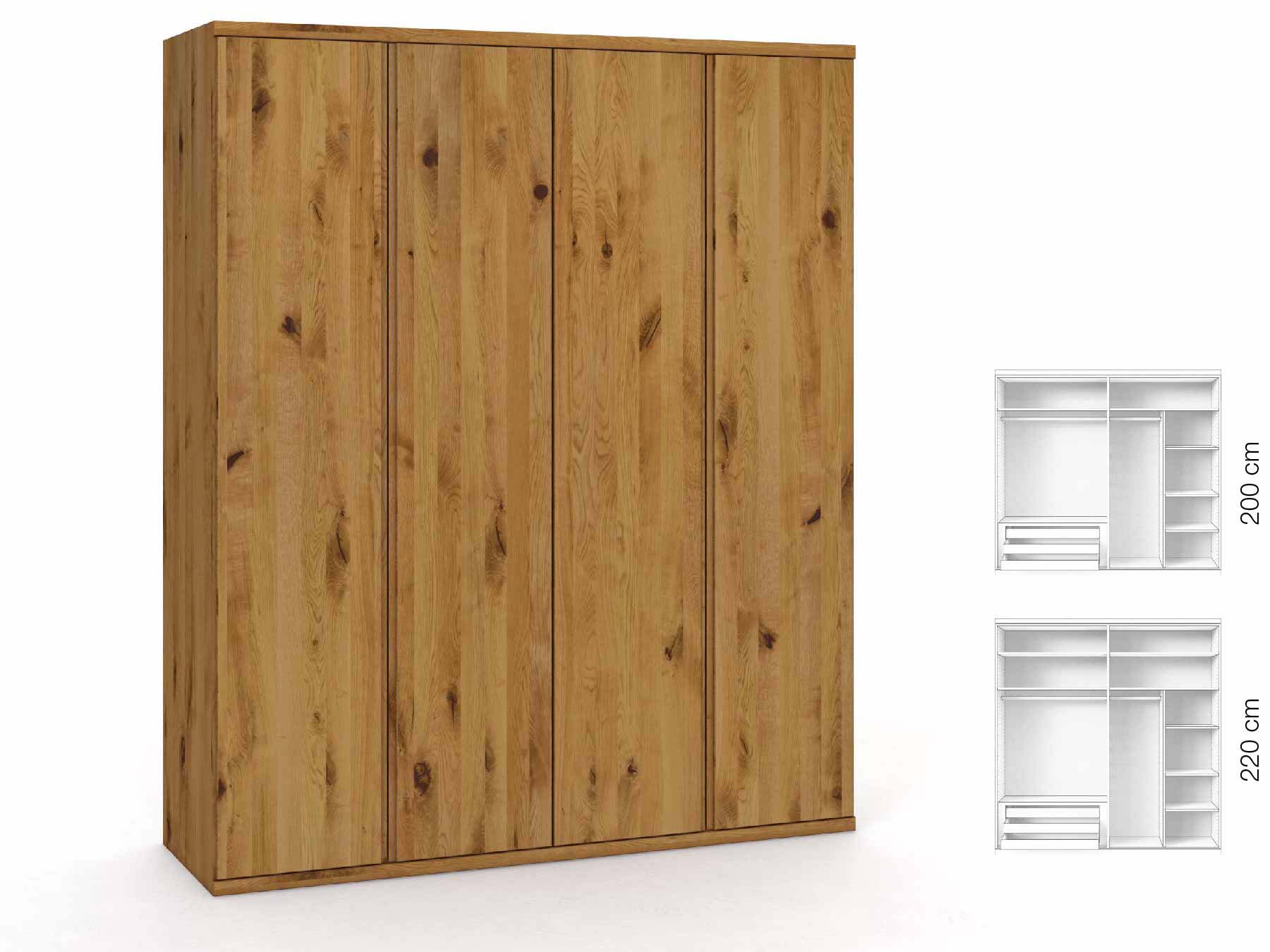 Wildeichenschrank „Romana“, 4-türig, Höhe 220 cm, Griffausführung „Patrizia“, Inneneinrichtung: C
